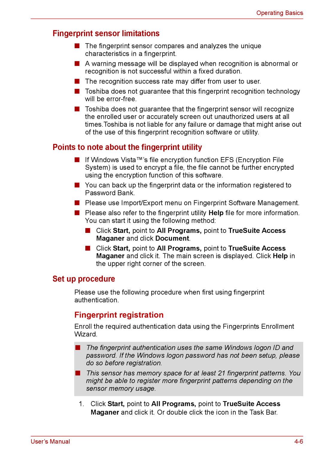 Toshiba PRO A300, A300D Fingerprint sensor limitations, Points to note about the fingerprint utility, Set up procedure 