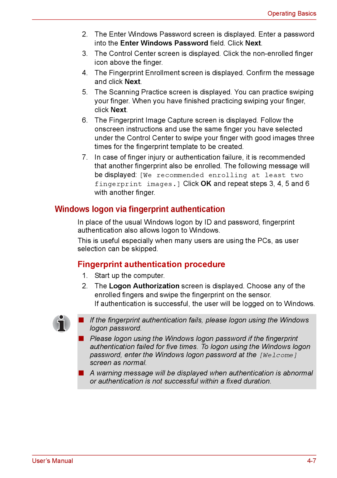 Toshiba PRO A300D user manual Windows logon via fingerprint authentication, Fingerprint authentication procedure 