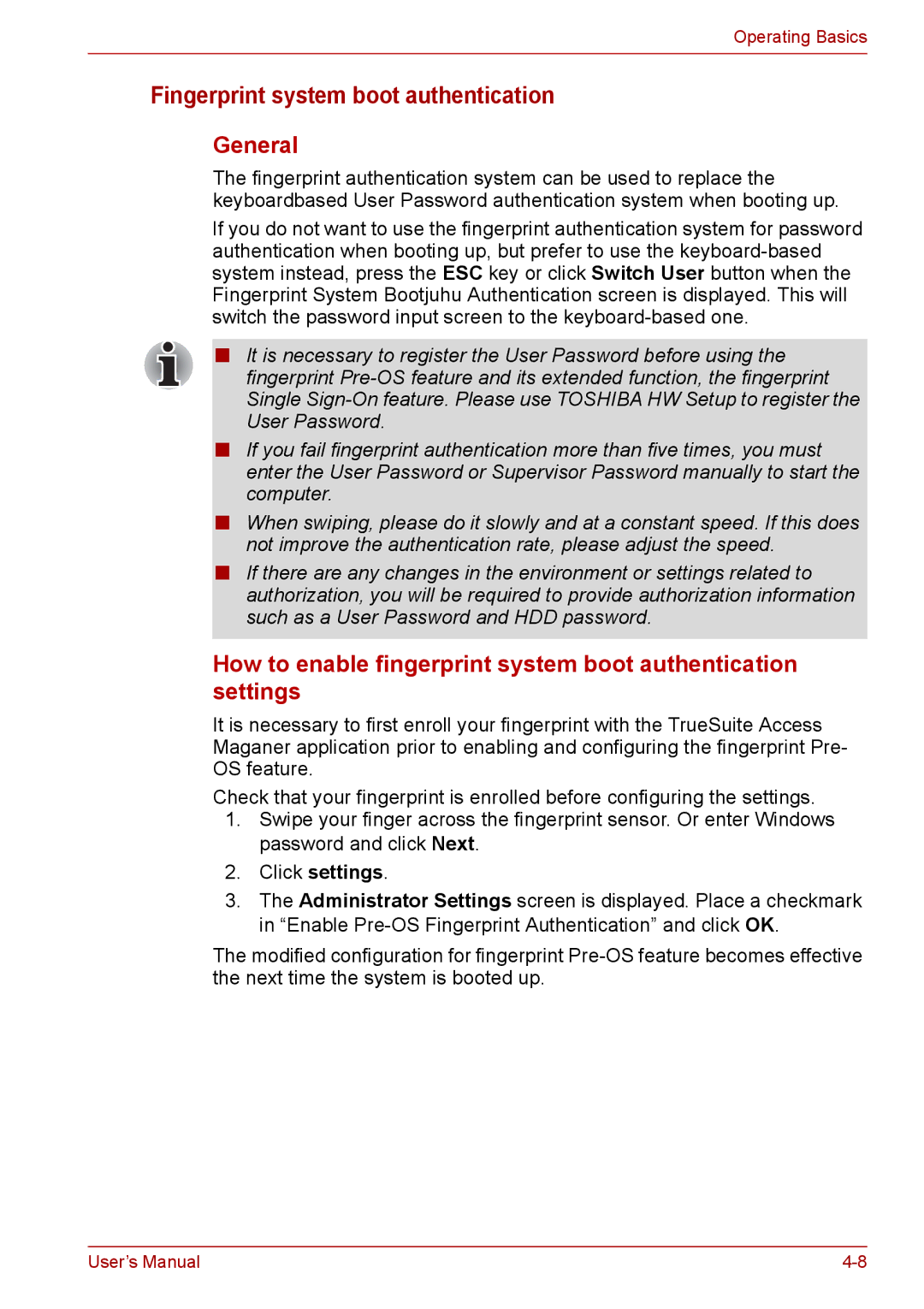 Toshiba PRO A300D user manual Fingerprint system boot authentication, Click settings 