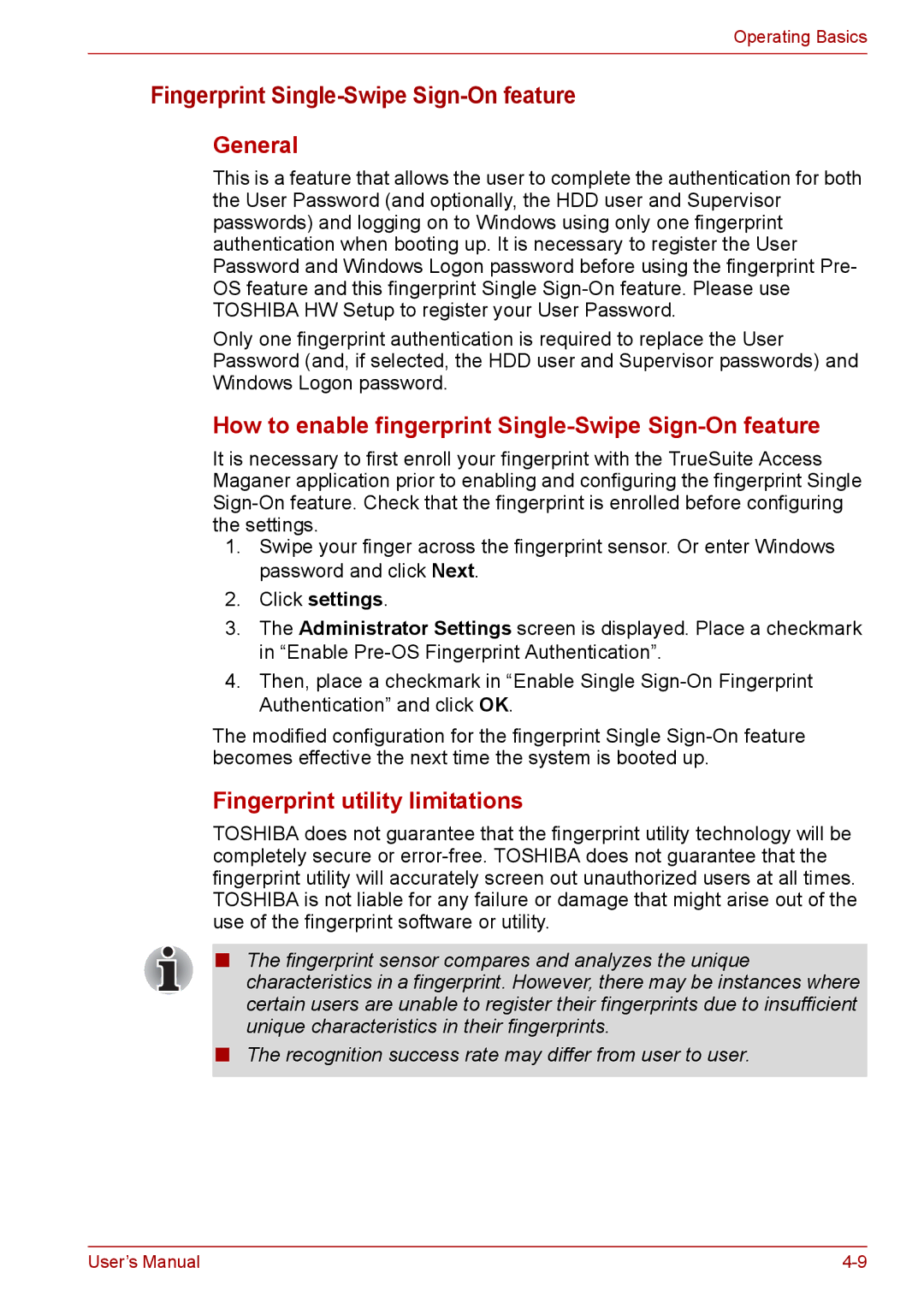 Toshiba A300D, PRO A300 Fingerprint Single-Swipe Sign-On feature, How to enable fingerprint Single-Swipe Sign-On feature 