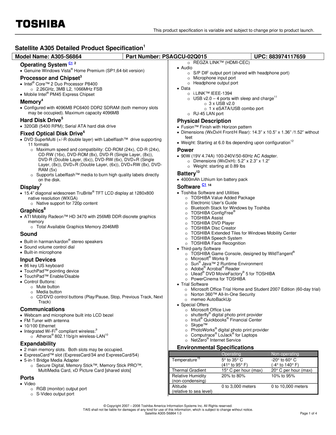 Toshiba A305-S6864 specifications Satellite A305 Detailed Product Specification1 