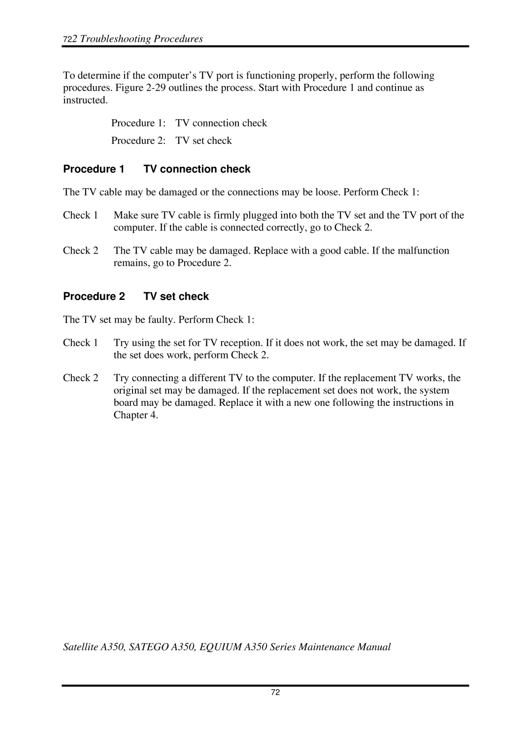 Toshiba A350 manual Procedure 1 TV connection check, Procedure 2 TV set check 