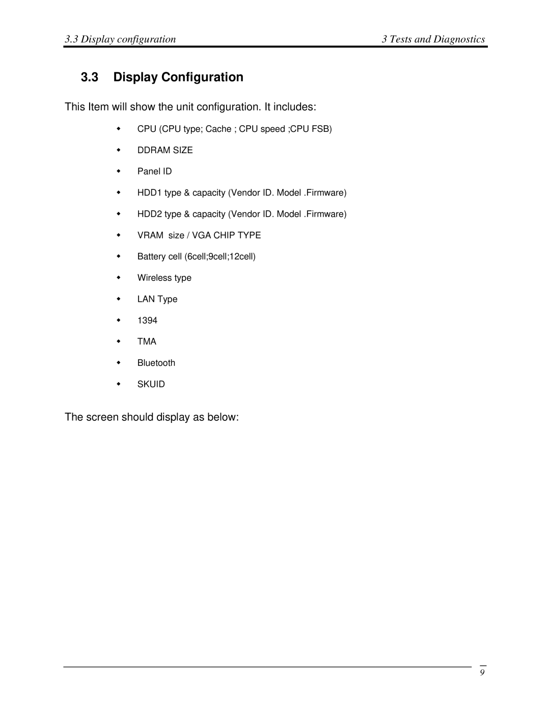 Toshiba A350 manual Display Configuration, Display configuration Tests and Diagnostics 