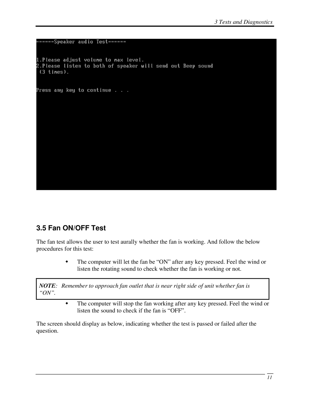 Toshiba A350 manual Fan ON/OFF Test 