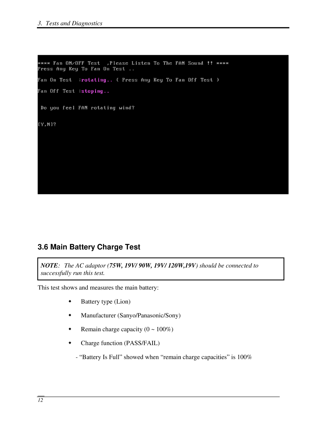 Toshiba A350 manual Main Battery Charge Test 