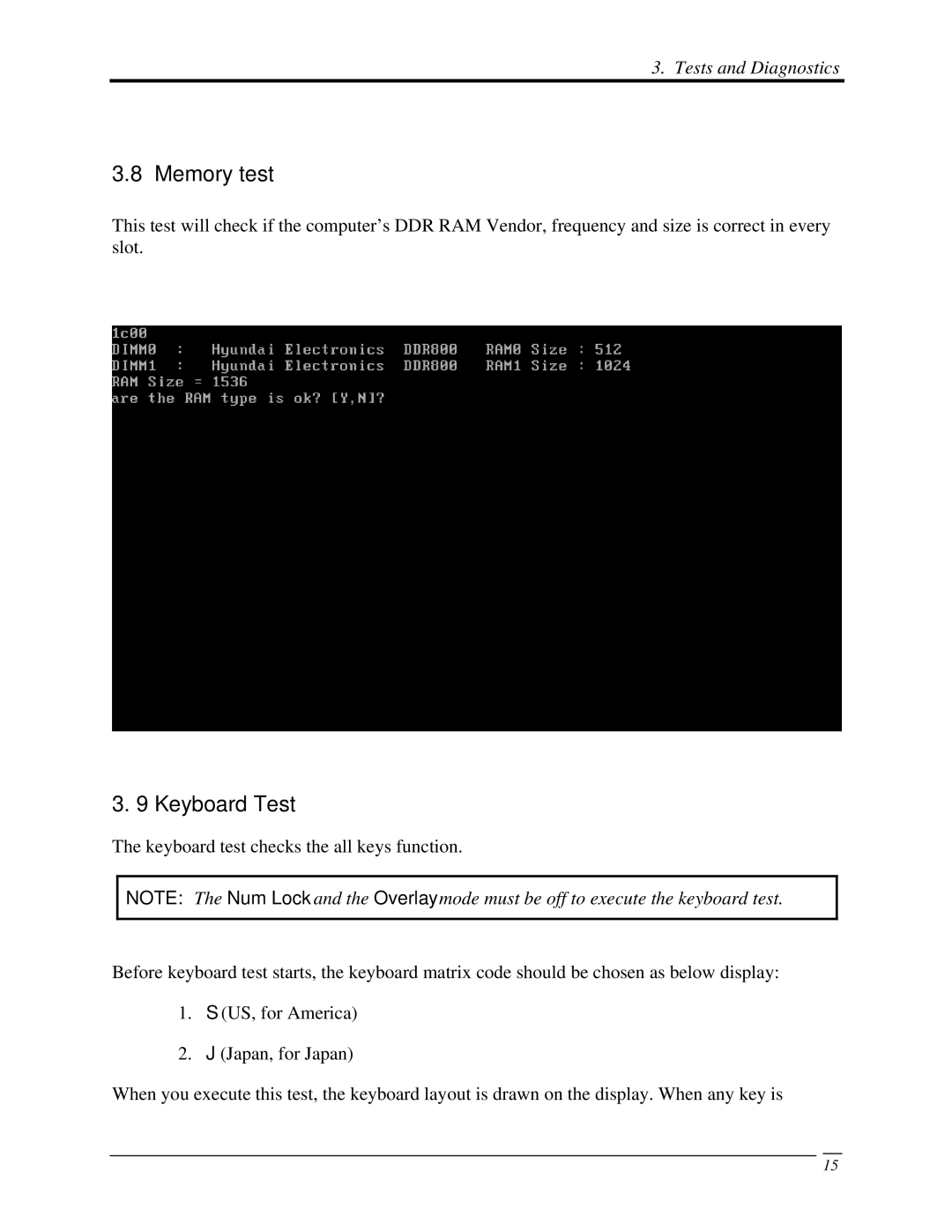 Toshiba A350 manual Memory test, Keyboard Test 