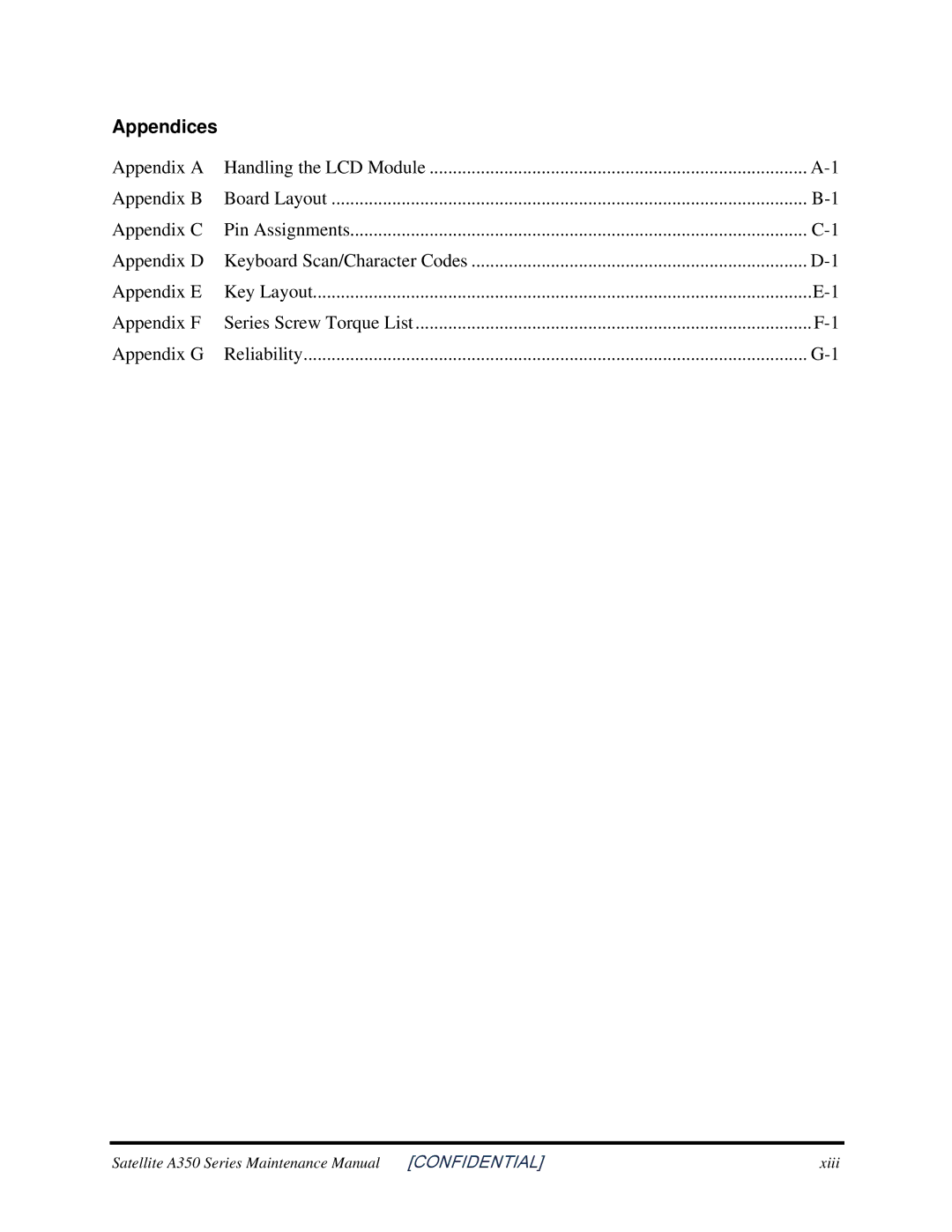 Toshiba A350 manual Appendices 