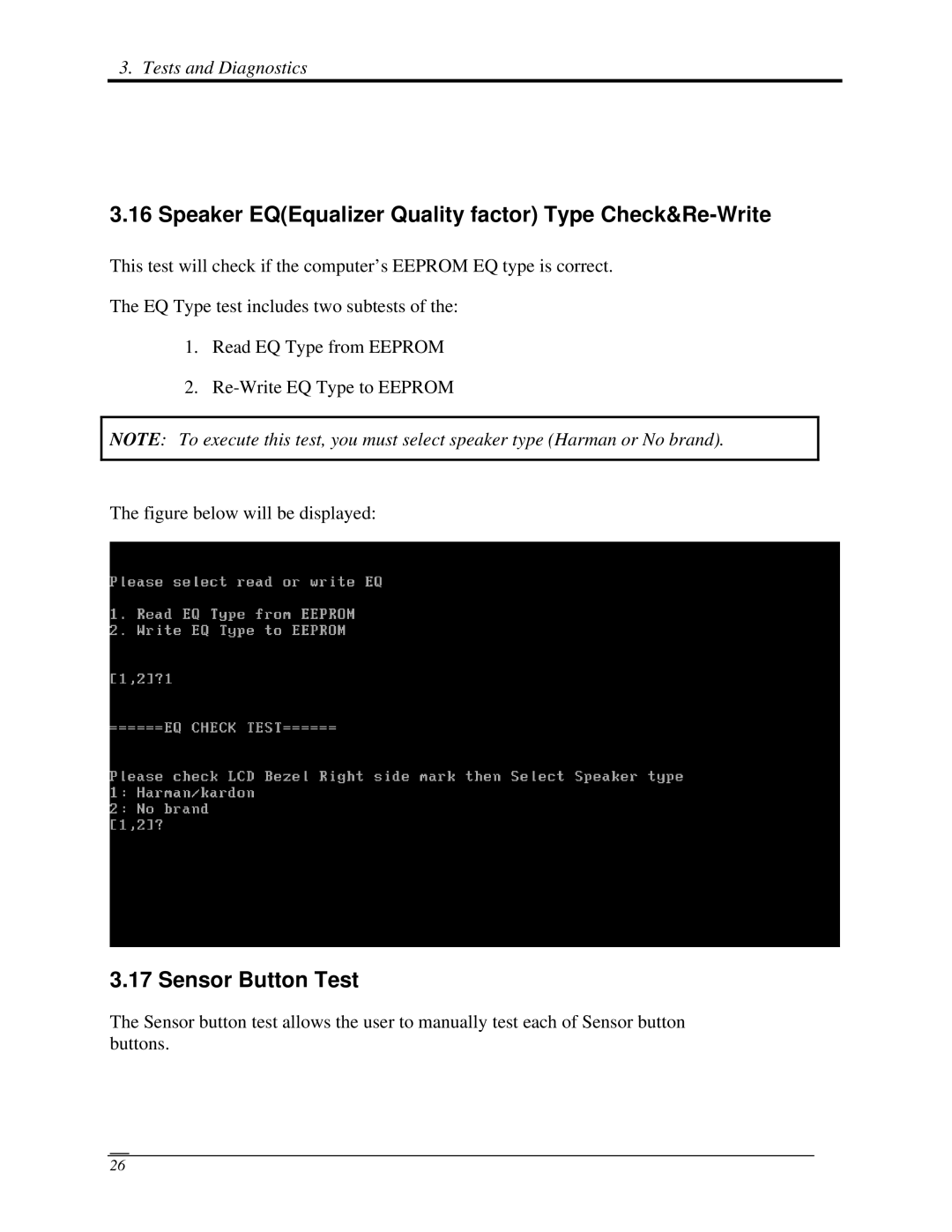 Toshiba A350 manual Speaker EQEqualizer Quality factor Type Check&Re-Write, Sensor Button Test 