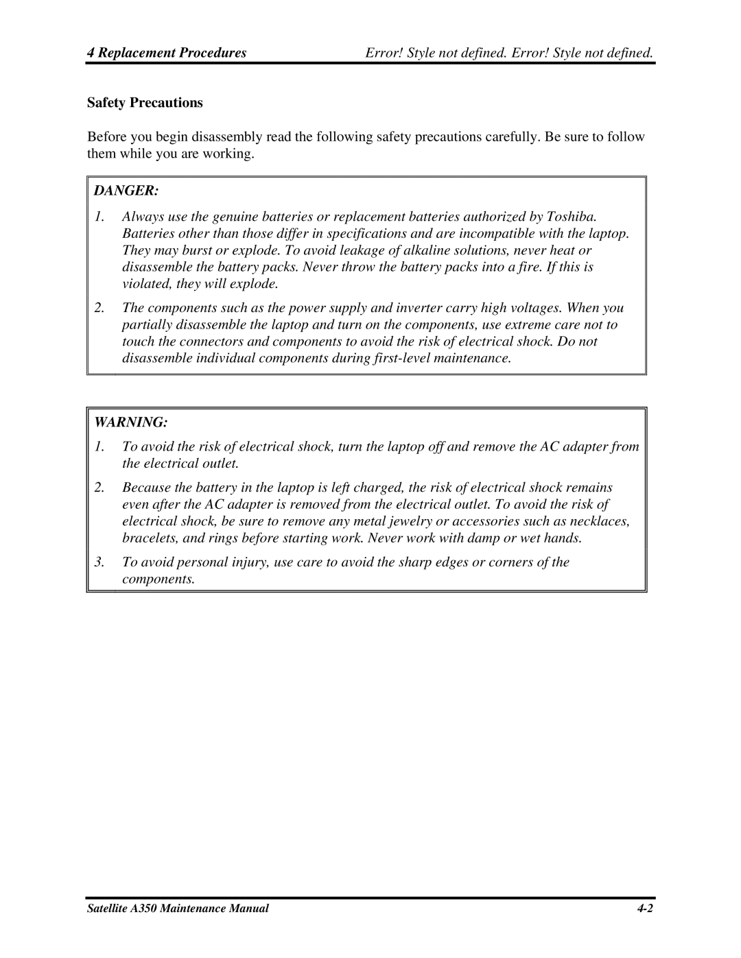 Toshiba A350 manual Safety Precautions 