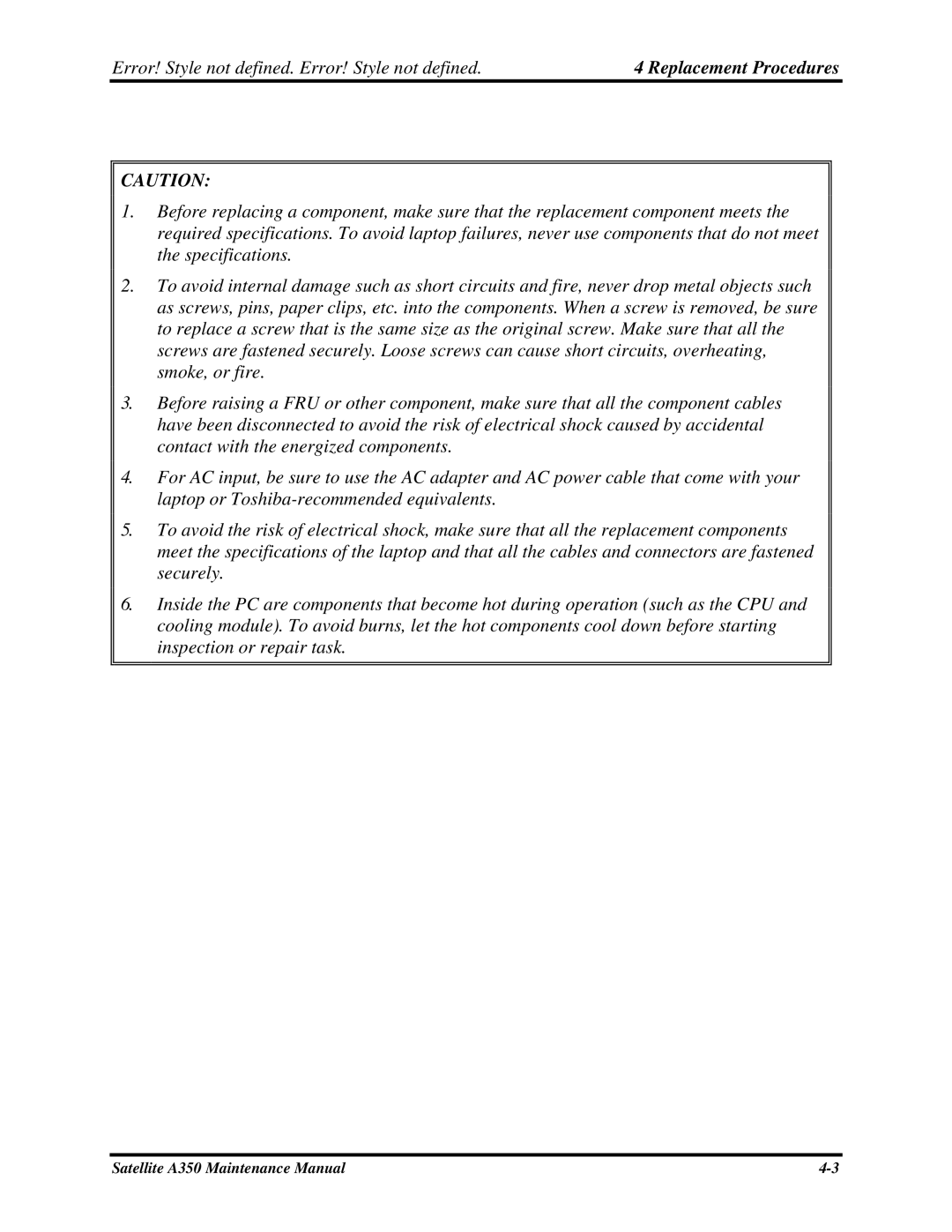 Toshiba A350 manual Replacement Procedures 