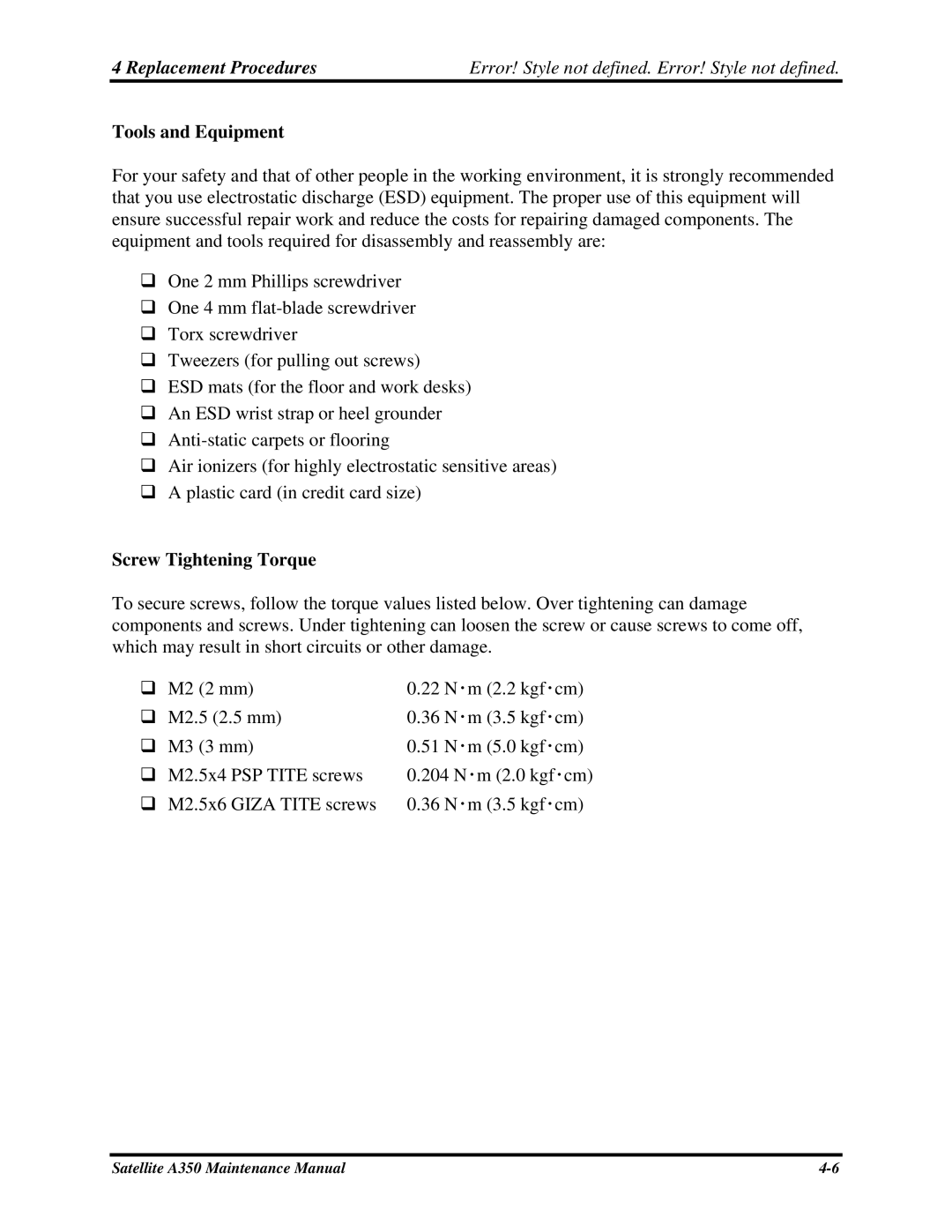 Toshiba A350 manual Tools and Equipment, Screw Tightening Torque 