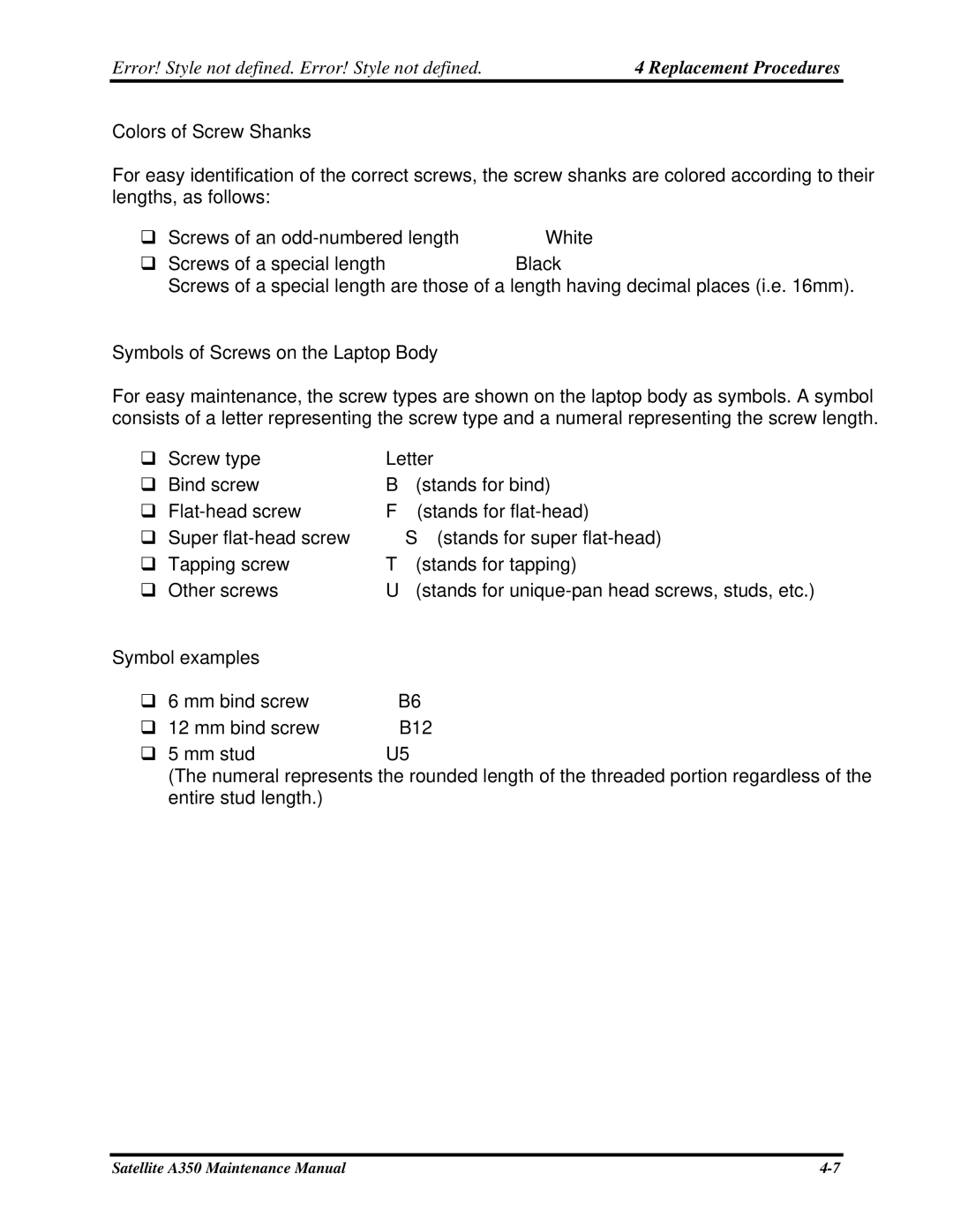 Toshiba A350 manual Colors of Screw Shanks, Symbols of Screws on the Laptop Body, Symbol examples 