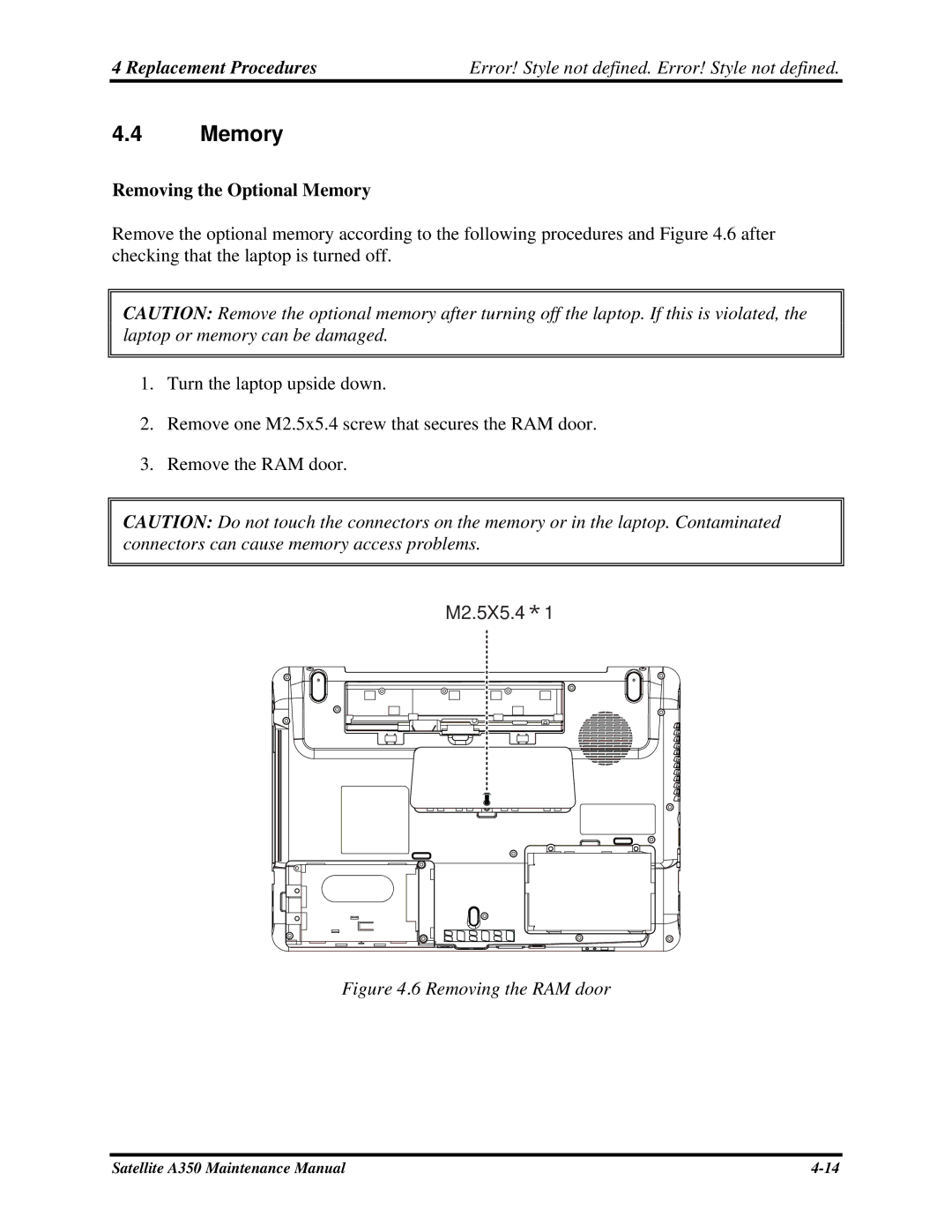 Toshiba A350 manual Removing the Optional Memory 