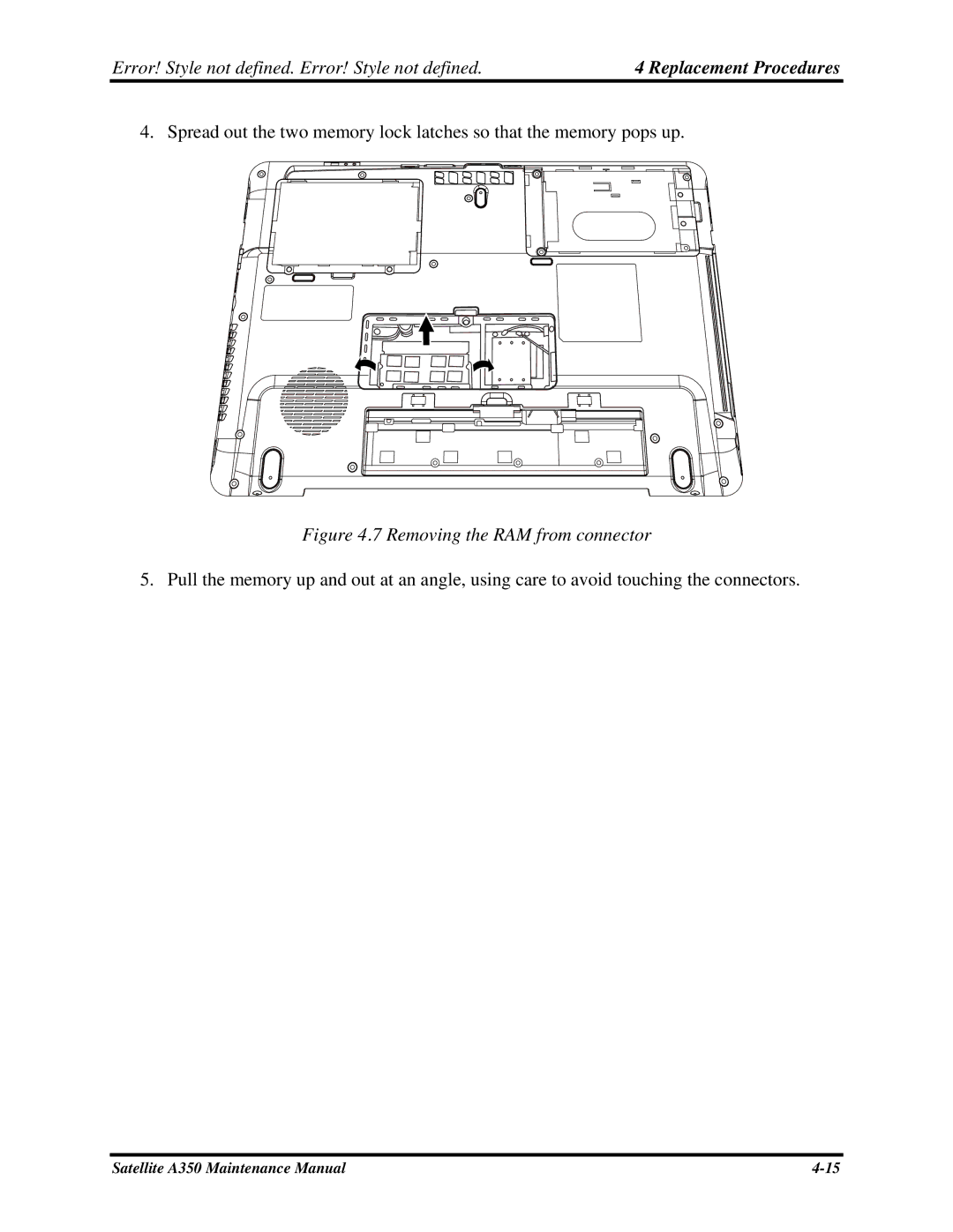 Toshiba A350 manual Removing the RAM from connector 