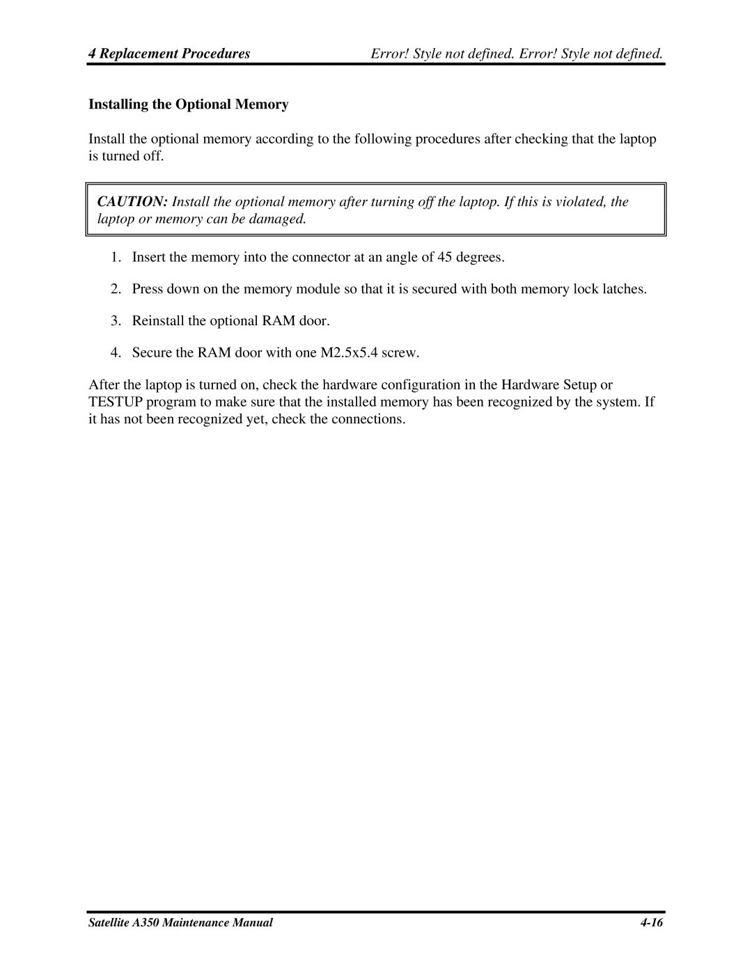 Toshiba A350 manual Installing the Optional Memory 