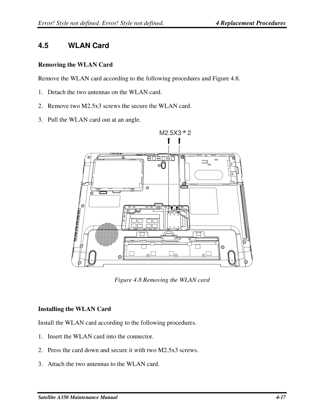 Toshiba A350 manual Removing the Wlan Card, Installing the Wlan Card 