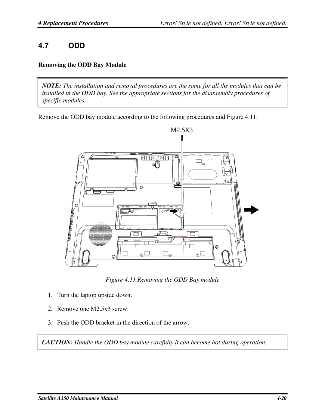 Toshiba A350 manual Odd, Removing the ODD Bay Module 