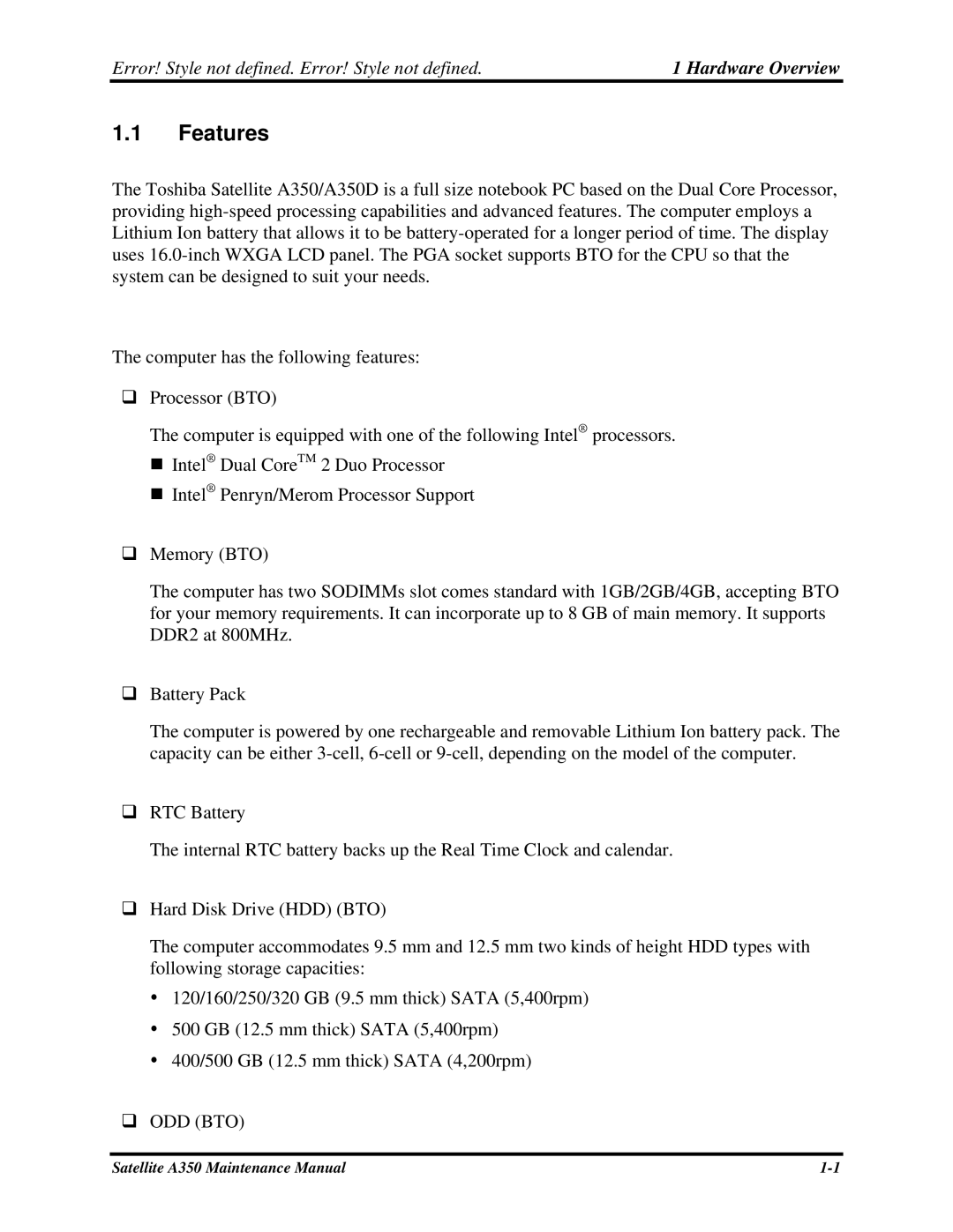 Toshiba A350 manual Features, Error! Style not defined. Error! Style not defined 