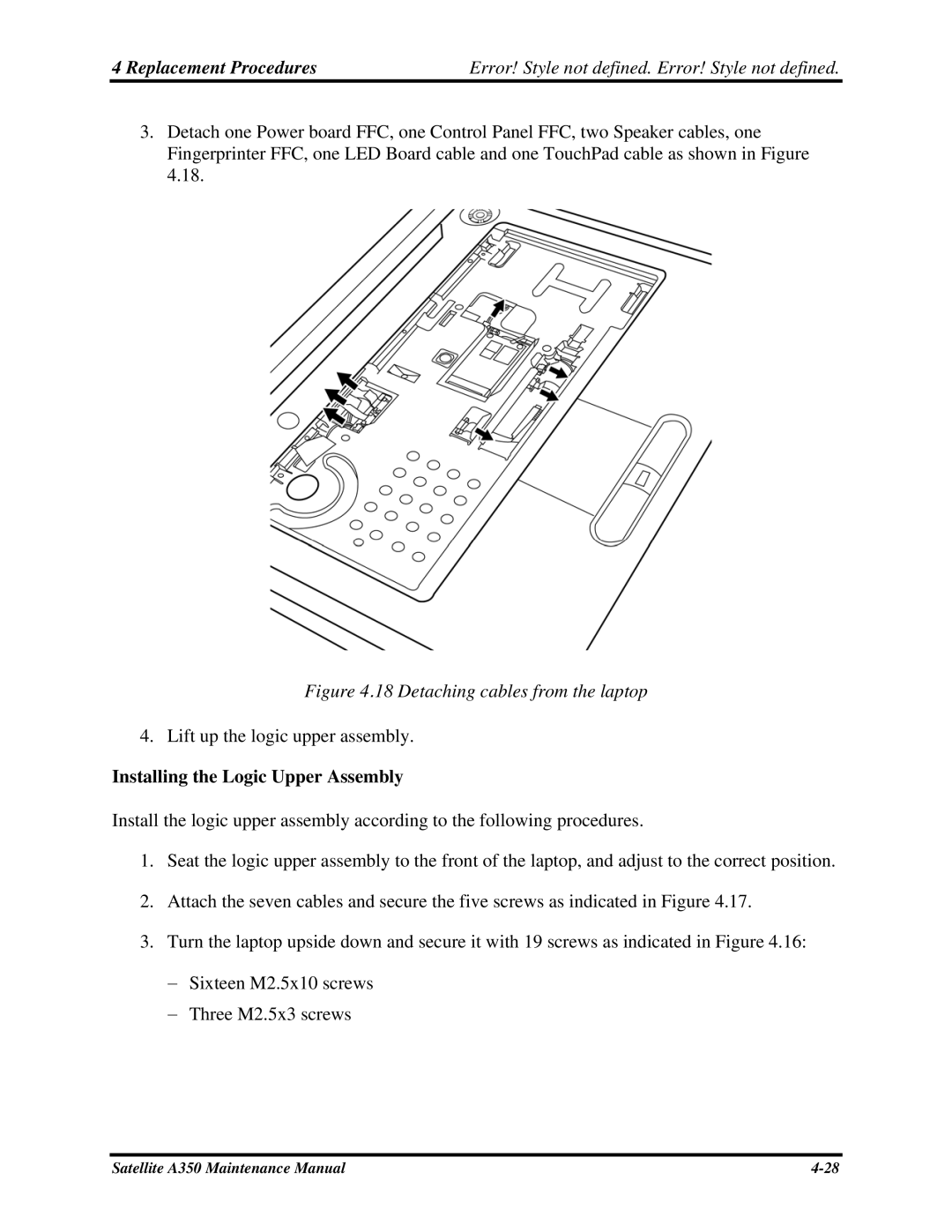 Toshiba A350 manual Detaching cables from the laptop, Installing the Logic Upper Assembly 