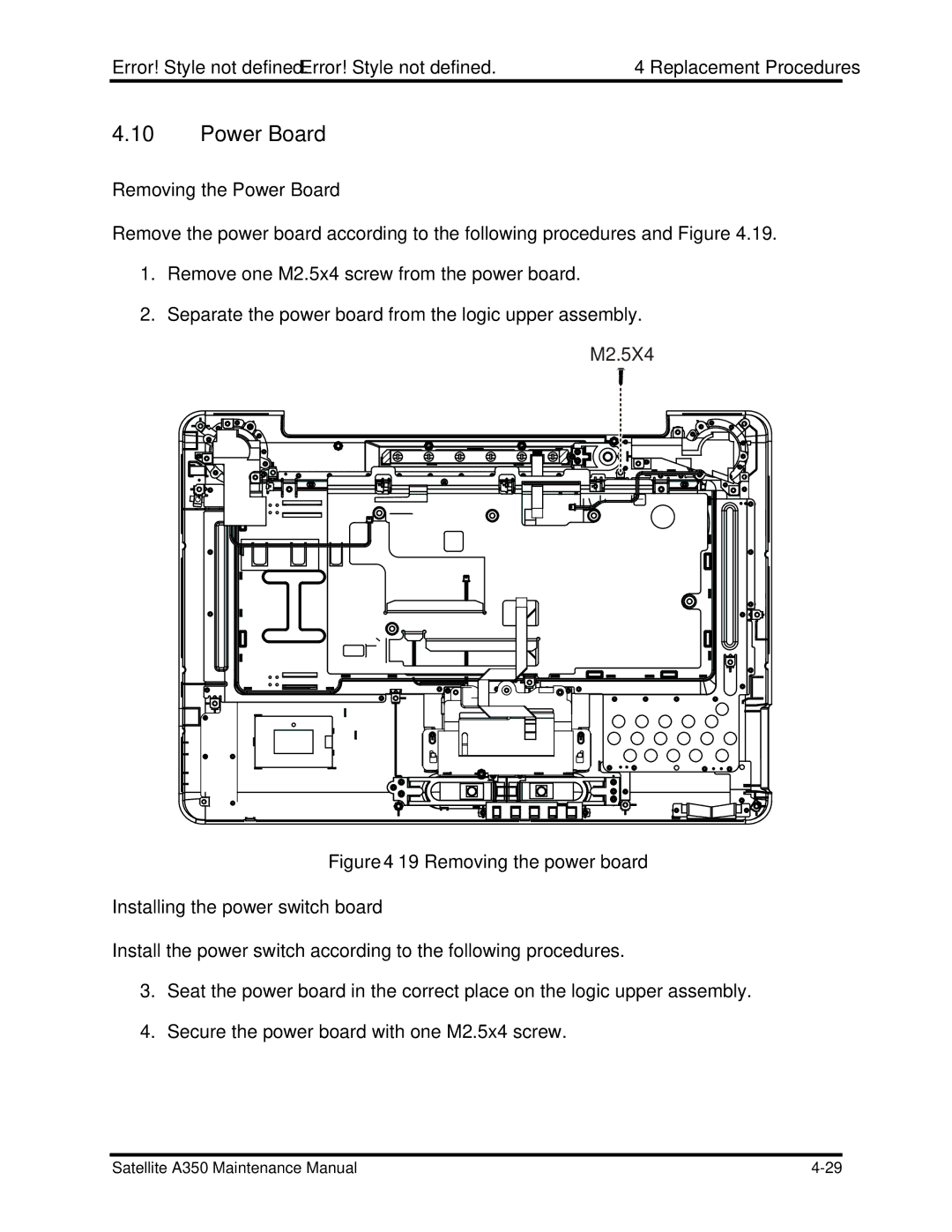 Toshiba A350 manual Removing the Power Board, Installing the power switch board 