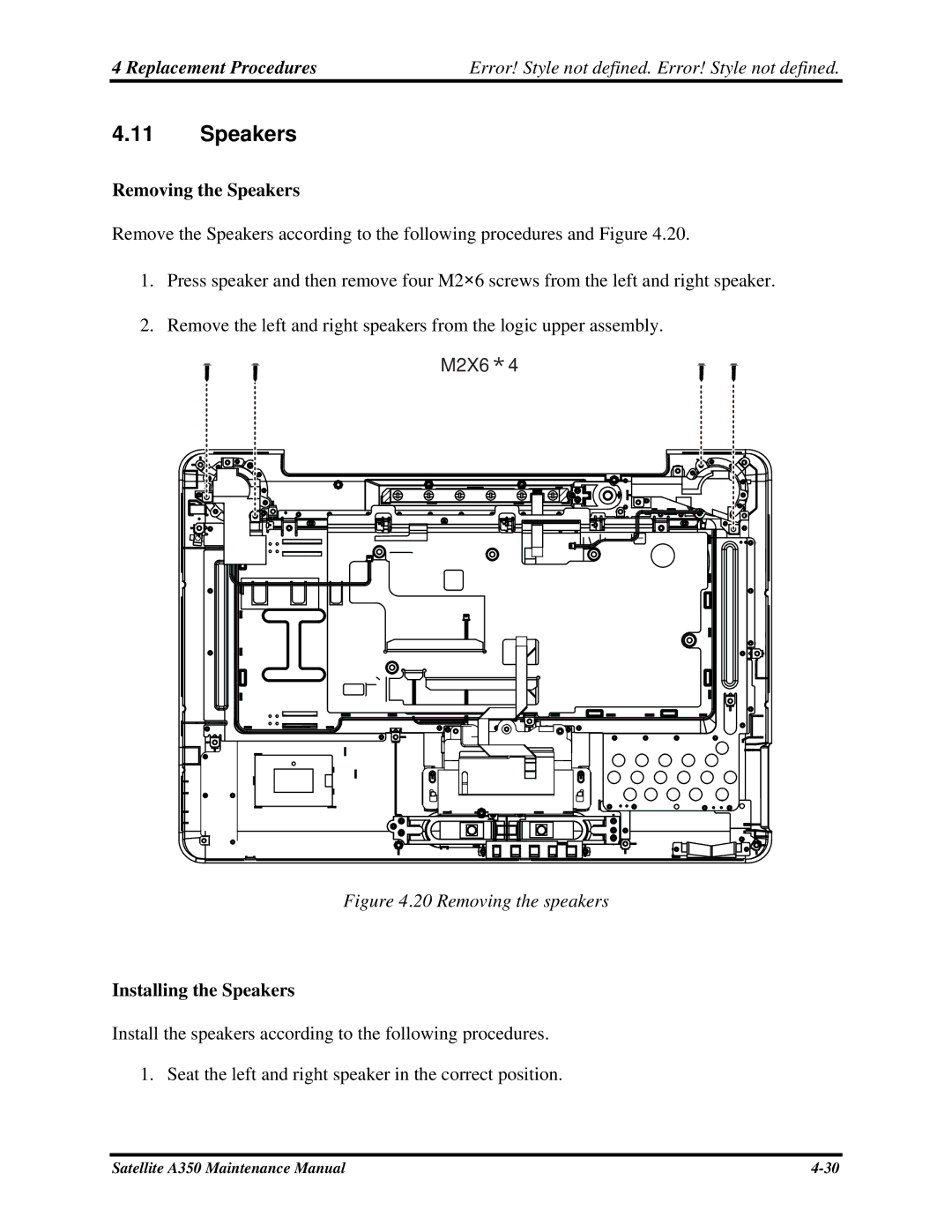 Toshiba A350 manual Removing the Speakers, Installing the Speakers 