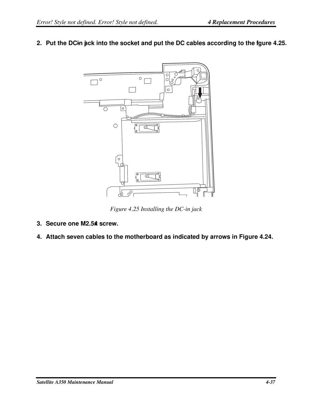 Toshiba A350 manual Installing the DC-in jack 