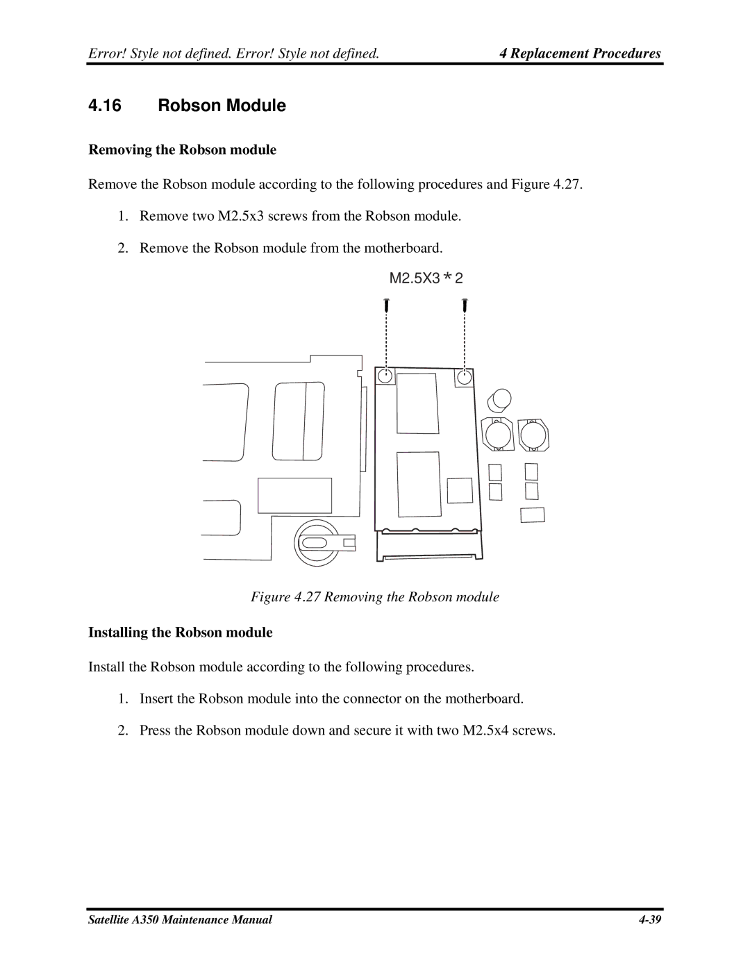 Toshiba A350 manual Robson Module, Removing the Robson module, Installing the Robson module 