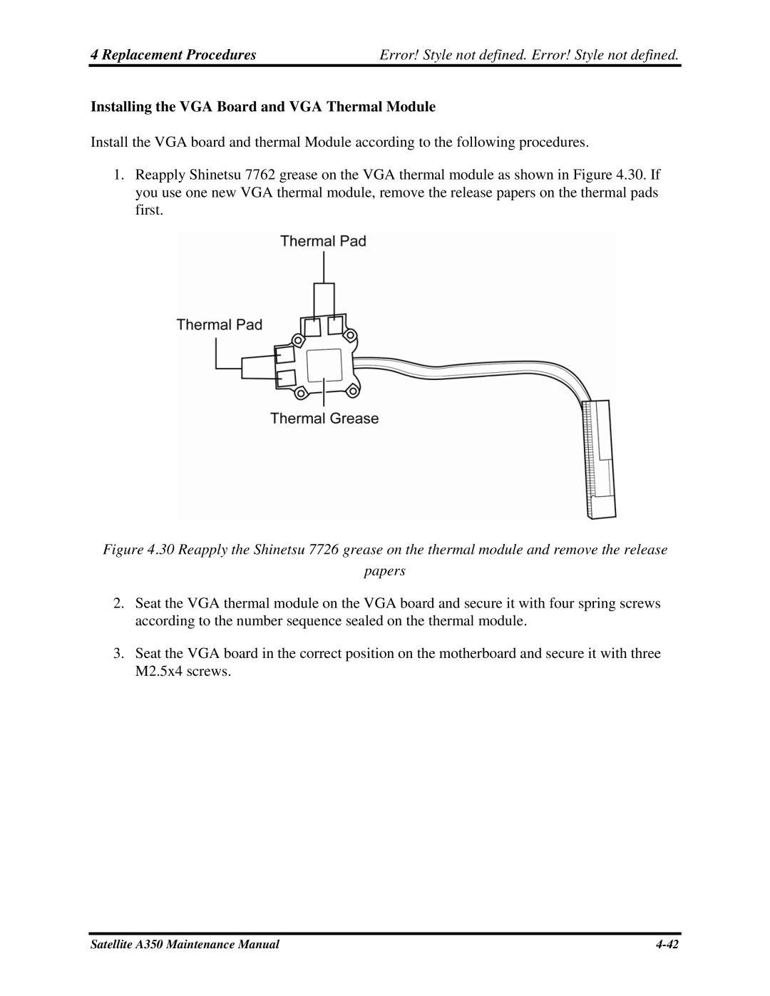 Toshiba A350 manual Installing the VGA Board and VGA Thermal Module 