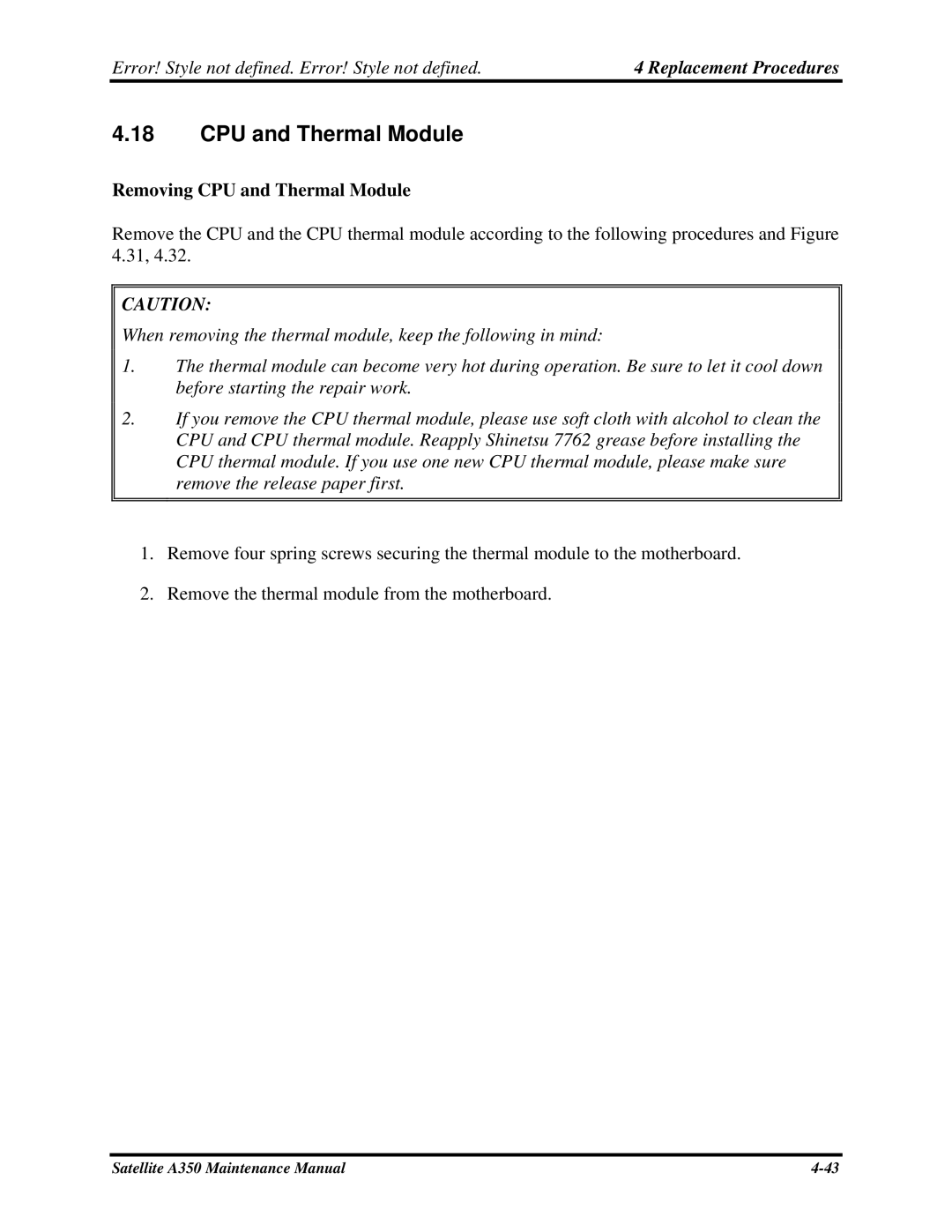 Toshiba A350 manual Removing CPU and Thermal Module 
