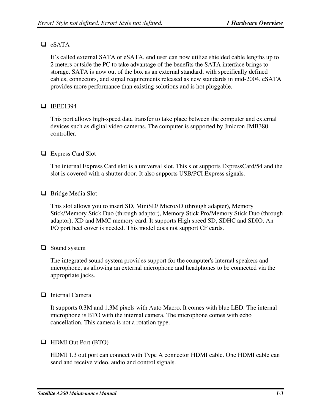 Toshiba A350 manual Hardware Overview 