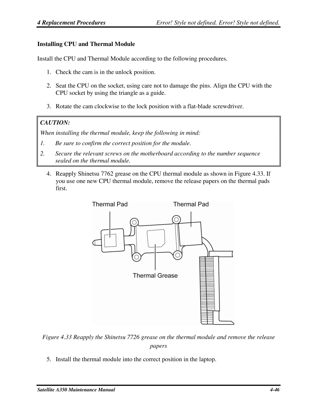 Toshiba A350 manual Installing CPU and Thermal Module 