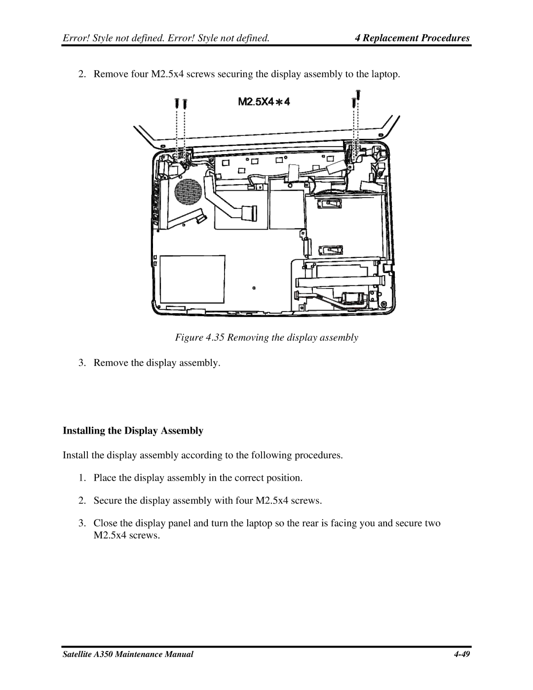 Toshiba A350 manual Installing the Display Assembly 