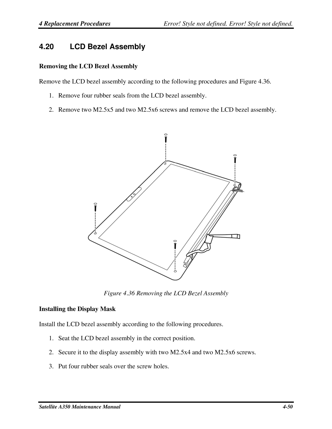 Toshiba A350 manual Removing the LCD Bezel Assembly, Installing the Display Mask 