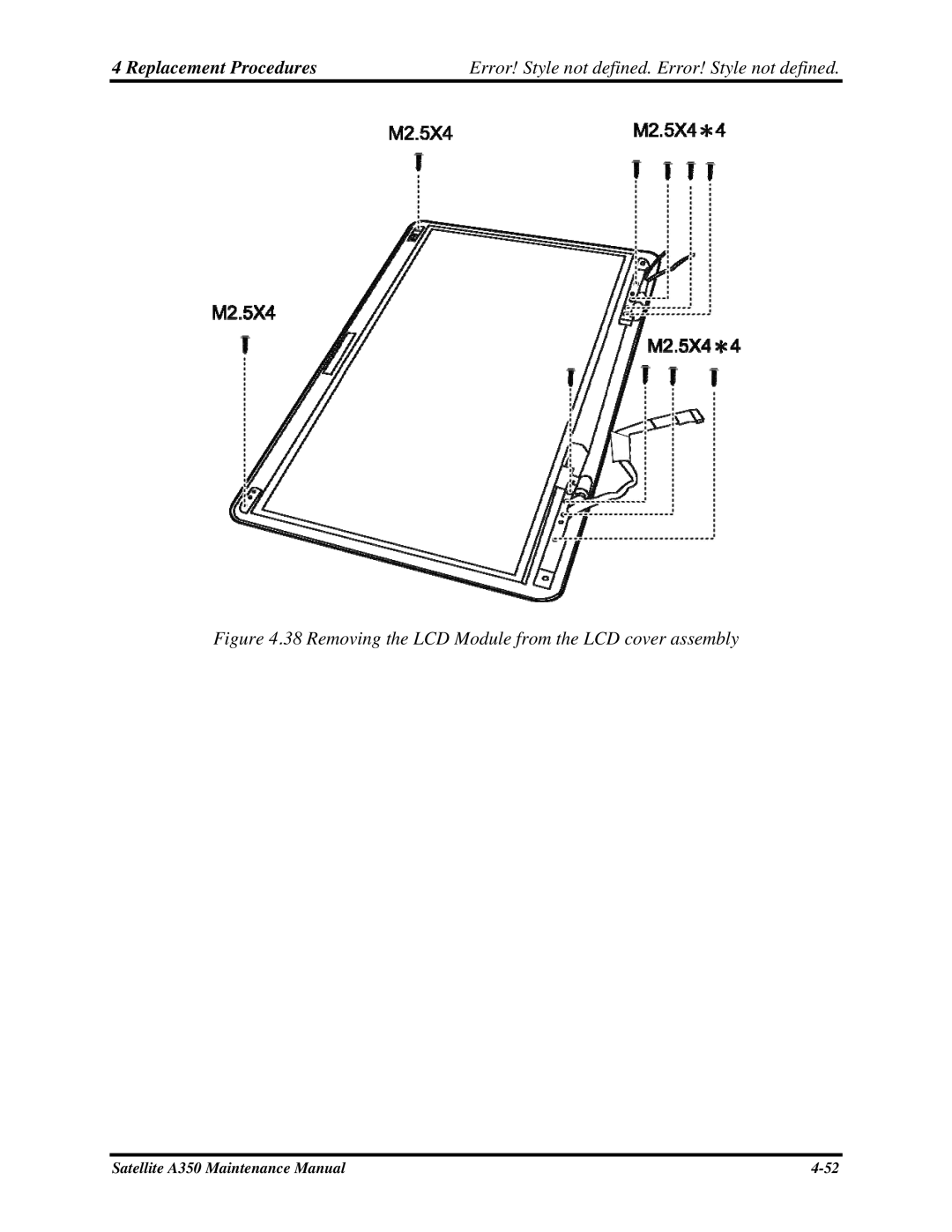 Toshiba A350 manual Removing the LCD Module from the LCD cover assembly 