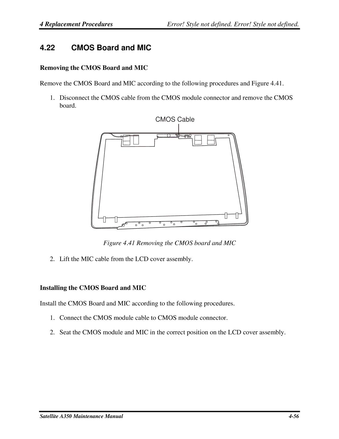 Toshiba A350 manual Removing the Cmos Board and MIC, Installing the Cmos Board and MIC 