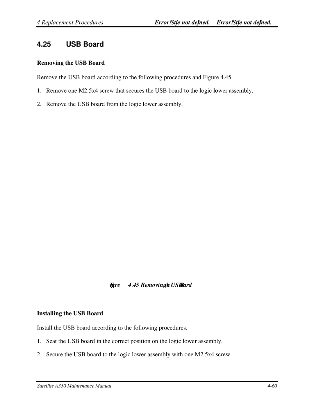 Toshiba A350 manual Removing the USB Board, Installing the USB Board 