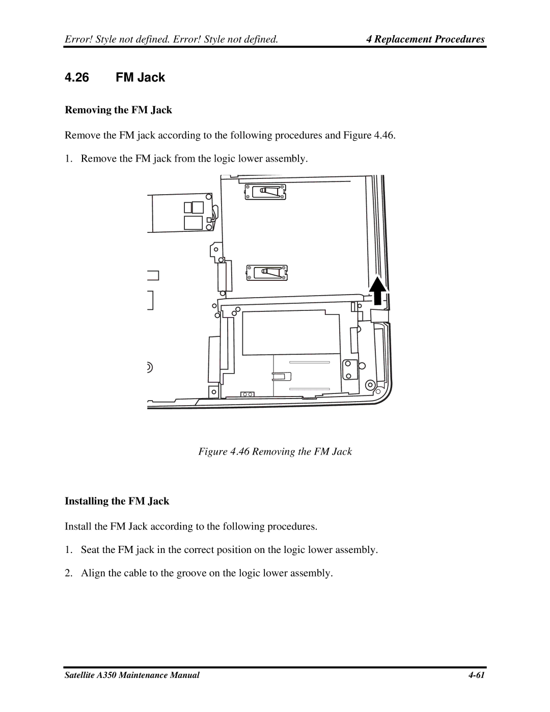 Toshiba A350 manual Removing the FM Jack, Installing the FM Jack 