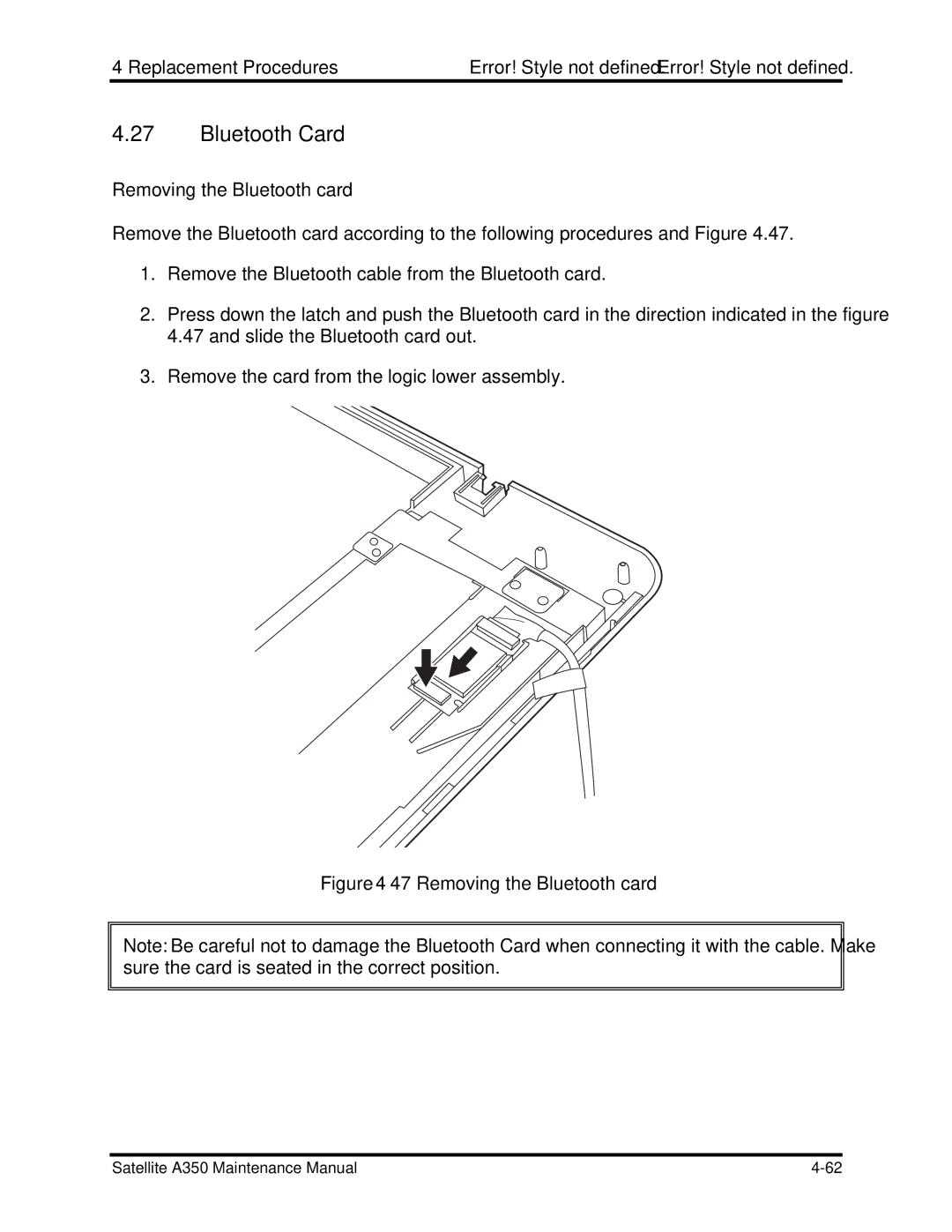 Toshiba A350 manual Bluetooth Card, Removing the Bluetooth card 