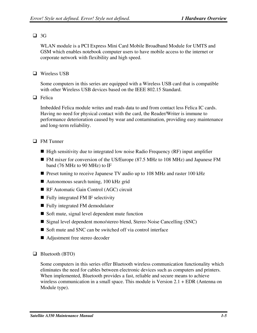 Toshiba A350 manual Hardware Overview 