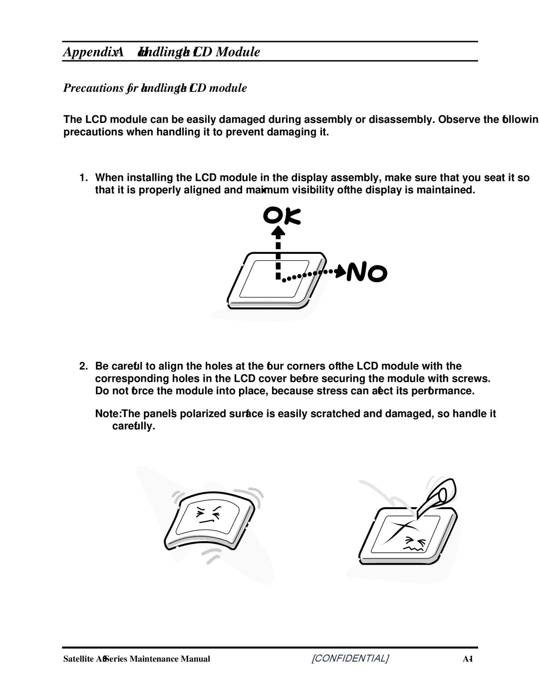 Toshiba A350 manual Appendix a Handling the LCD Module, Precautions for handling the LCD module 