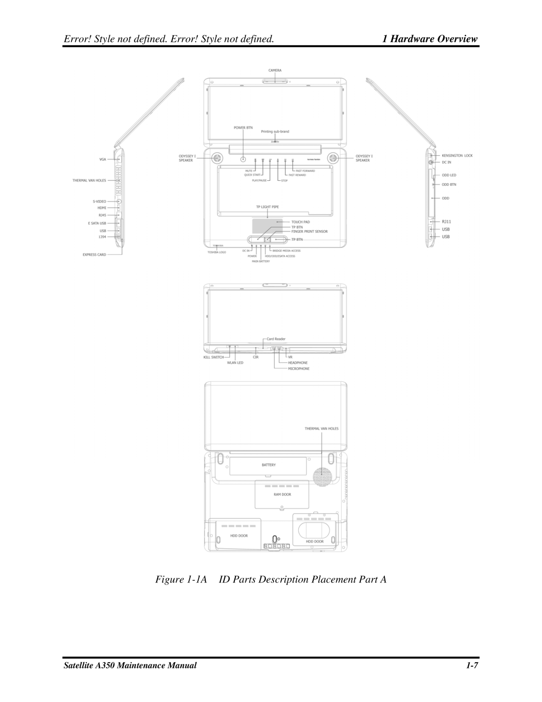 Toshiba A350 manual 1A ID Parts Description Placement Part a 