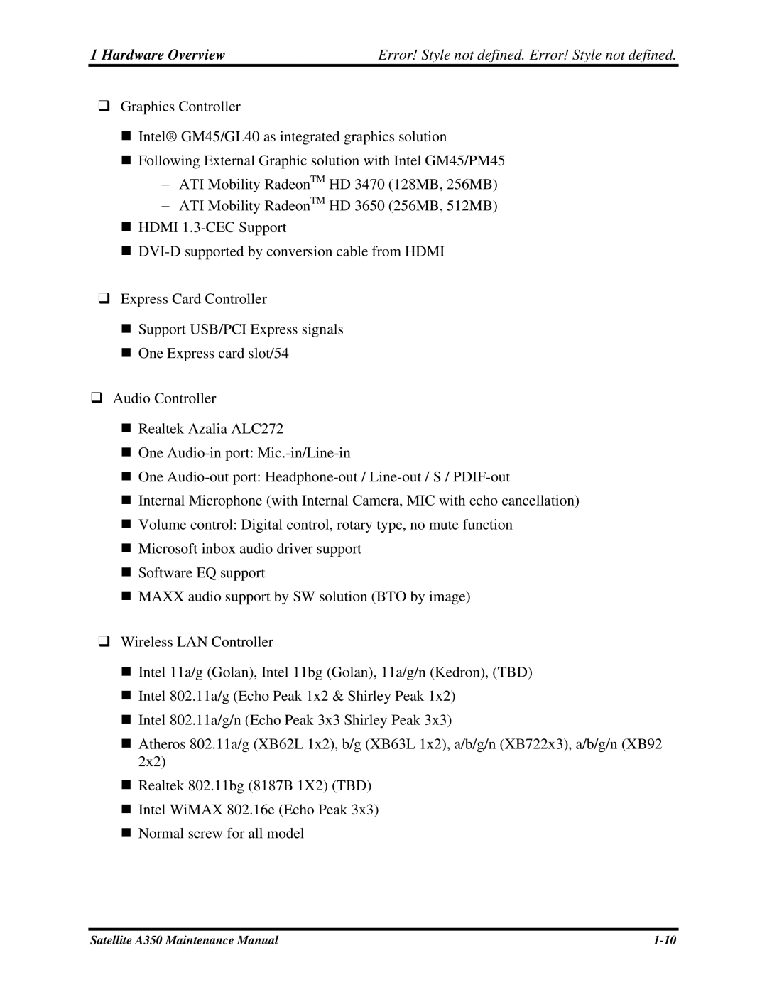 Toshiba manual Satellite A350 Maintenance Manual 