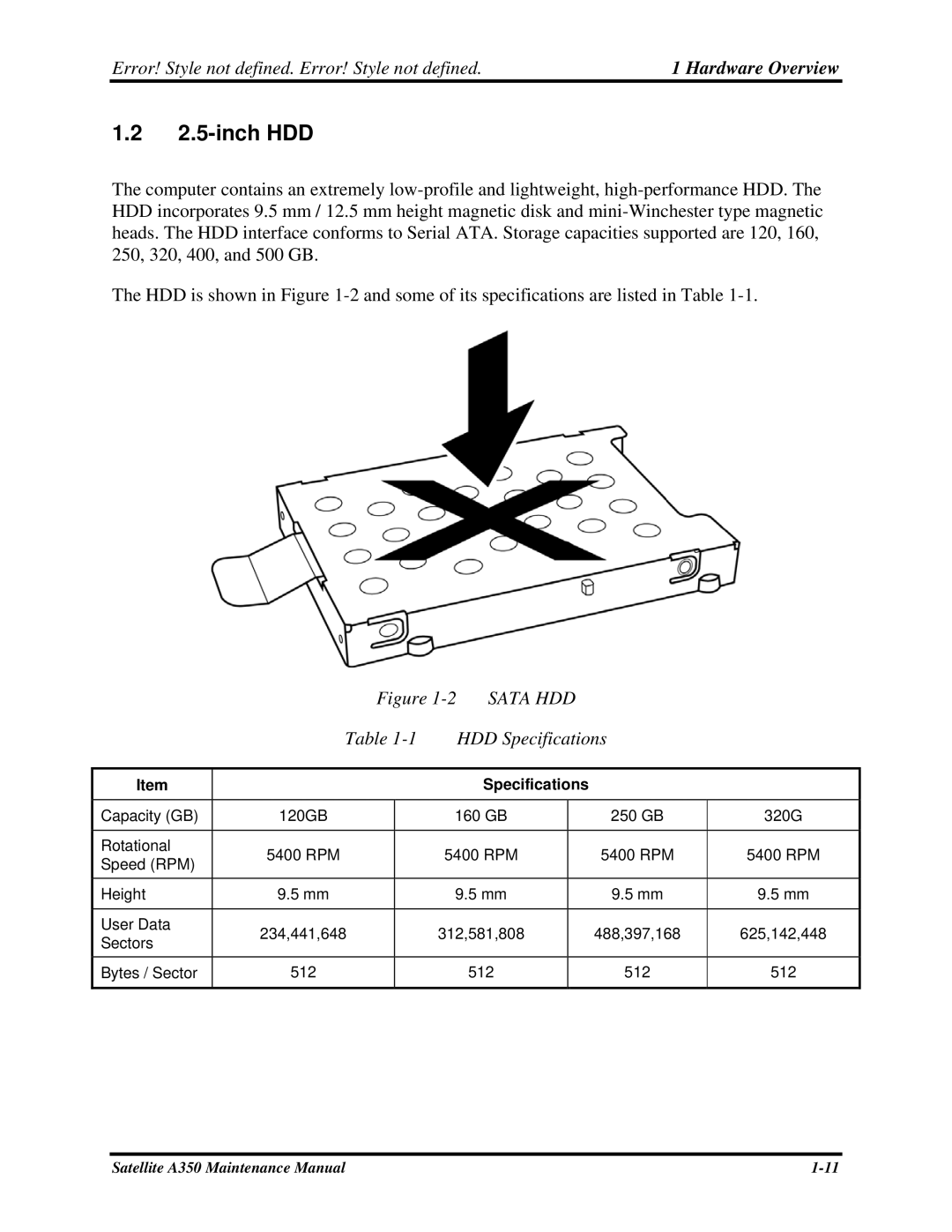 Toshiba A350 manual inch HDD, Sata HDD HDD Specifications 