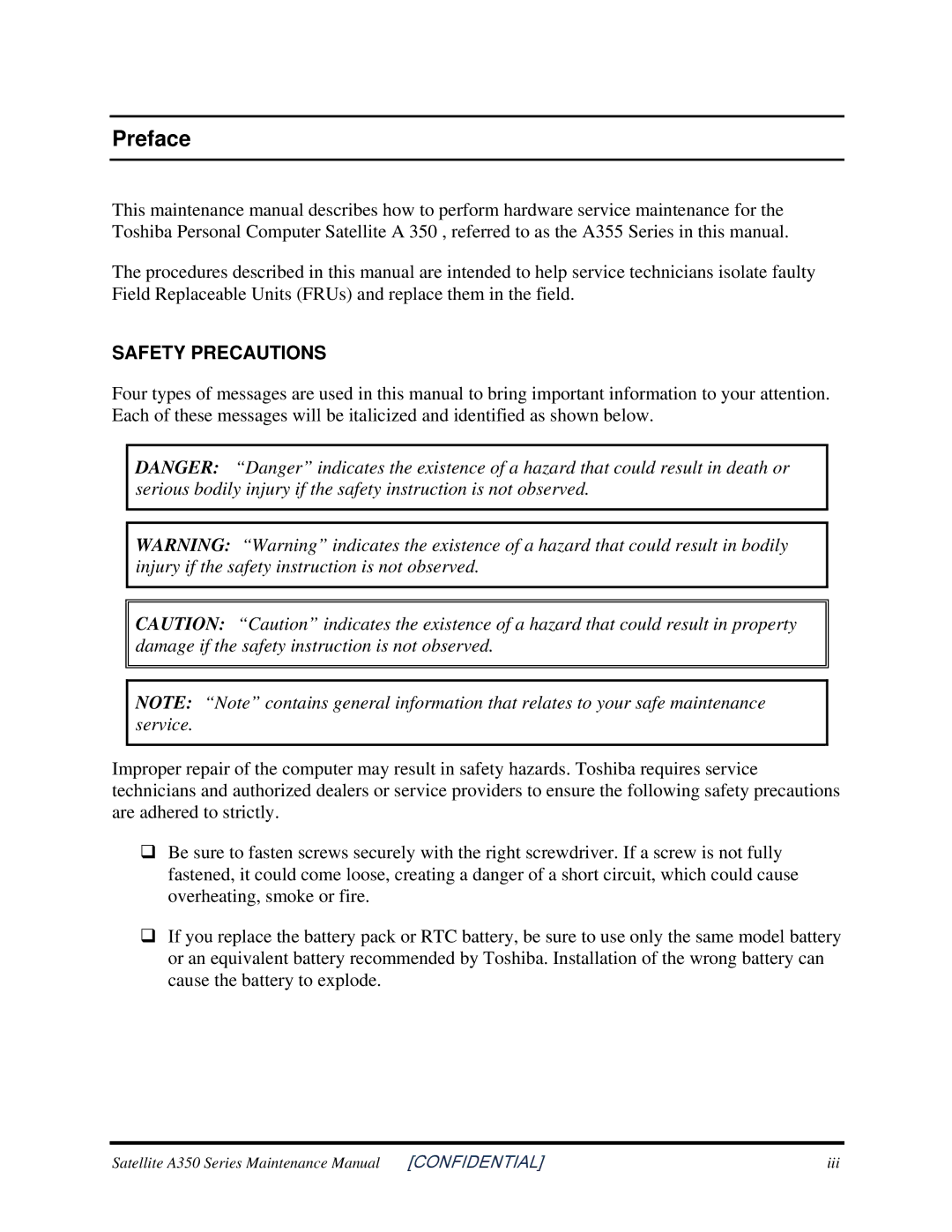 Toshiba A350 manual Preface, Safety Precautions 