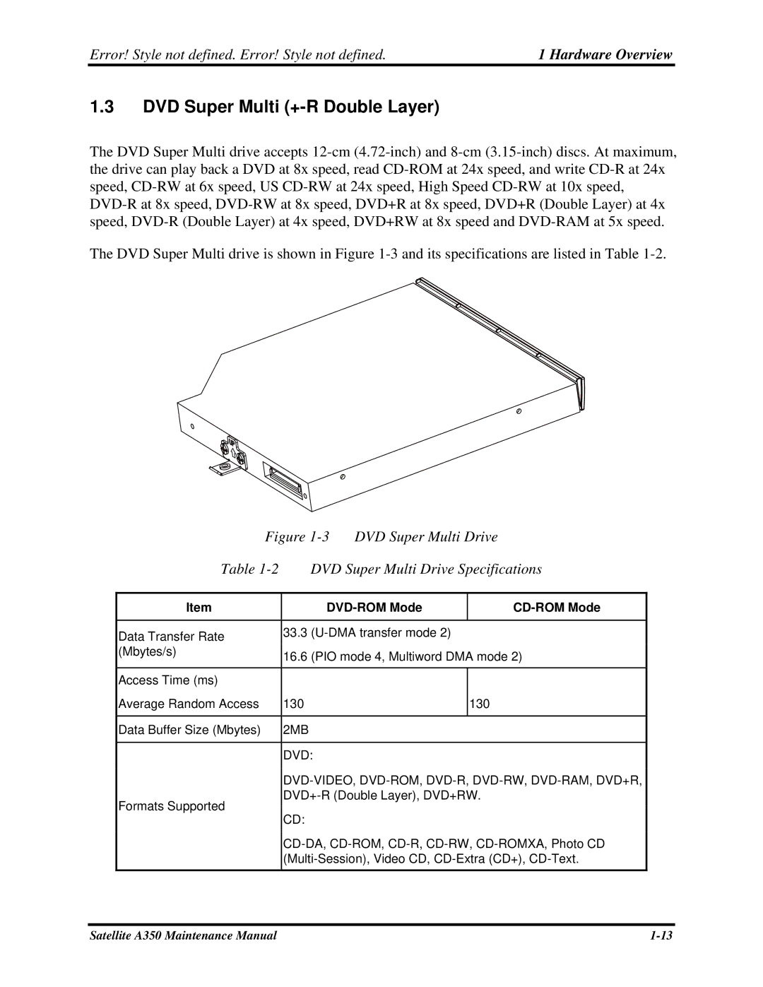 Toshiba A350 manual DVD Super Multi +-R Double Layer, DVD Super Multi Drive DVD Super Multi Drive Specifications 