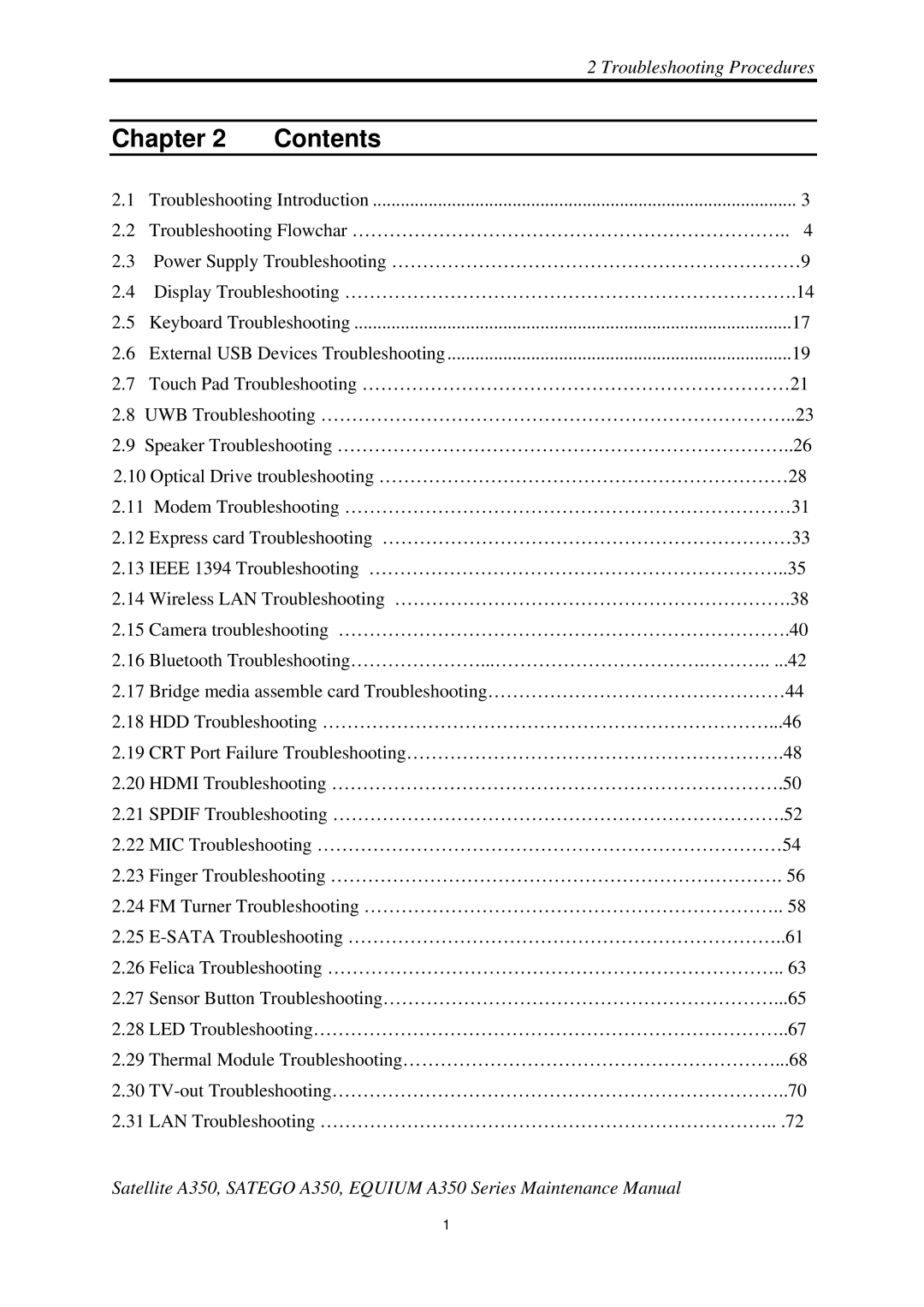 Toshiba A350 manual Chapter Contents 