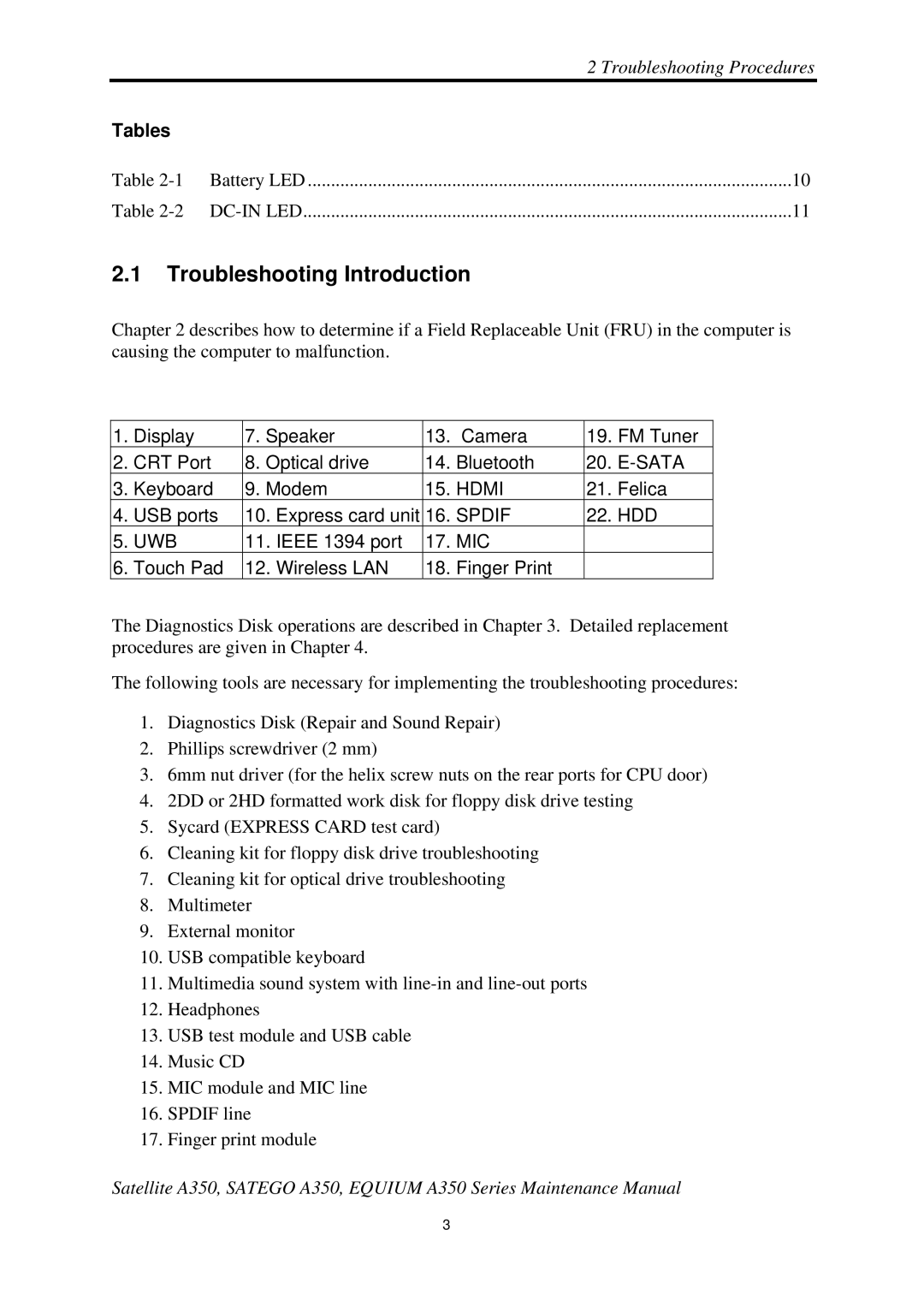 Toshiba A350 manual Troubleshooting Introduction, Battery LED 