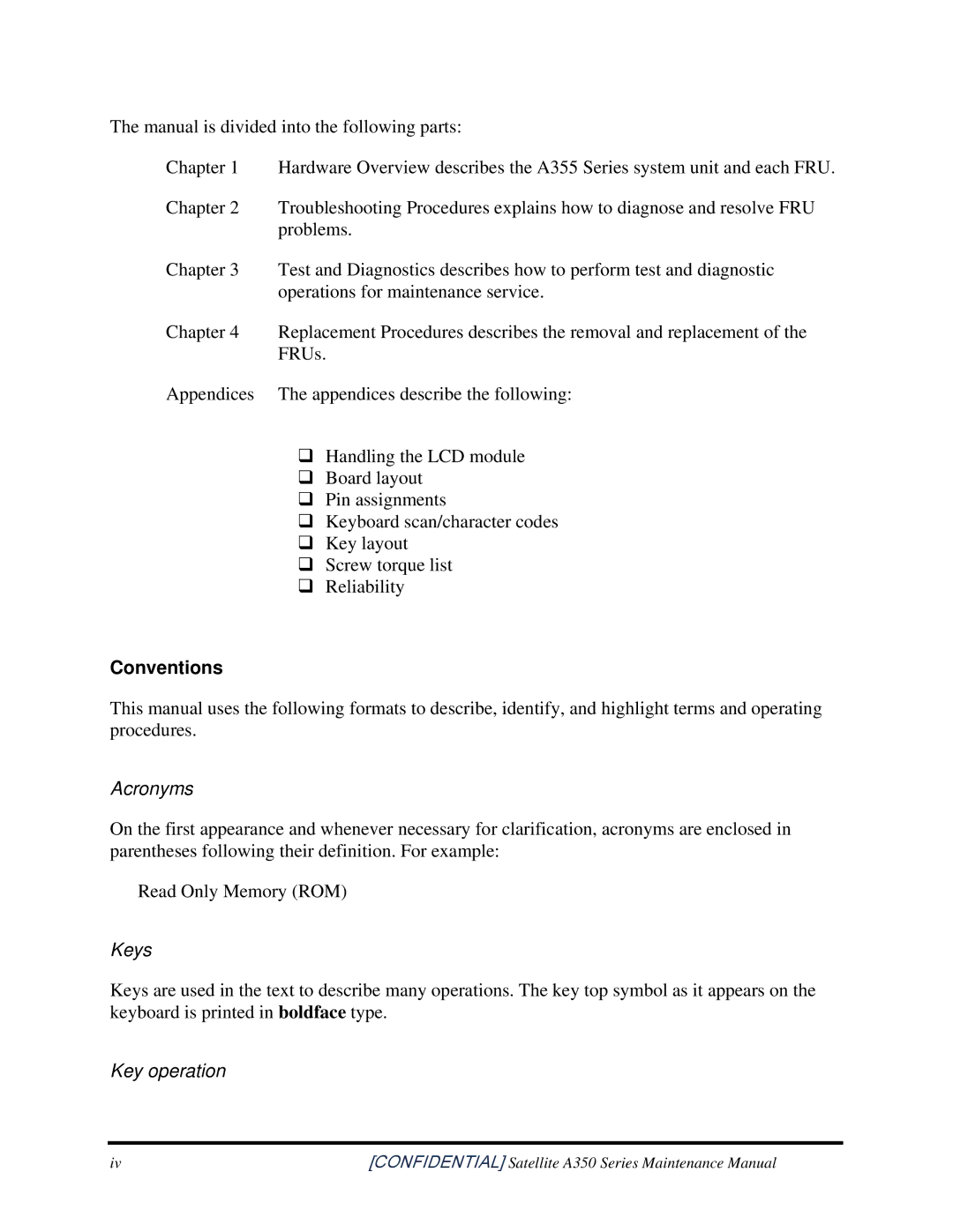 Toshiba A350 manual Conventions, Acronyms, Keys Key operation 