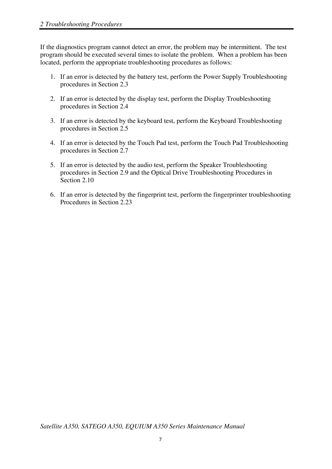 Toshiba A350 manual Troubleshooting Procedures 