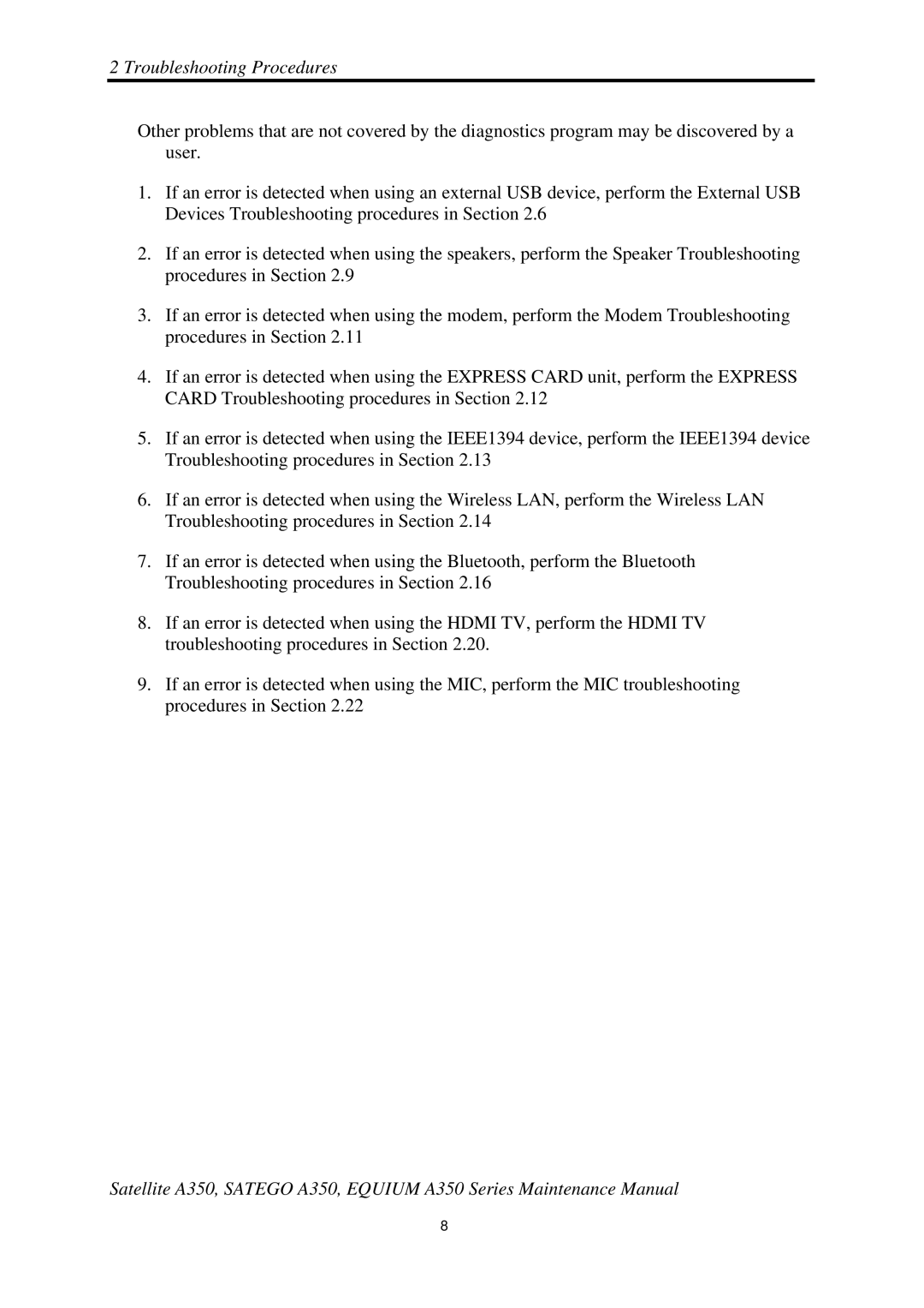 Toshiba A350 manual Troubleshooting Procedures 